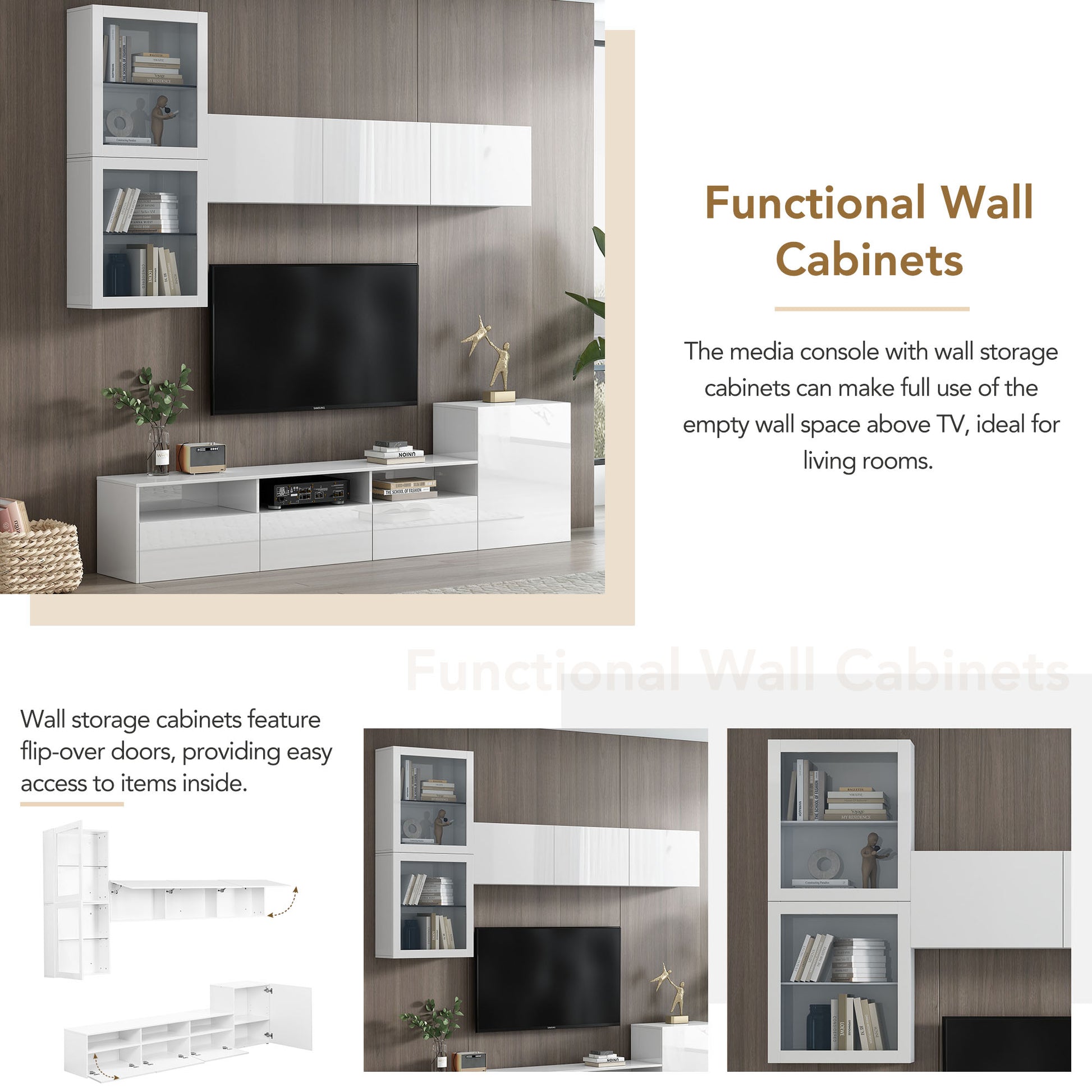 High Gloss Tv Stand With Large Storage Space, Media Console For Tvs Up To 78", Versatile Entertainment Center With Wall Mounted Floating Storage Cabinets For Living Room, White White Primary Living Space 70 79 Inches 70 79 Inches Mdf