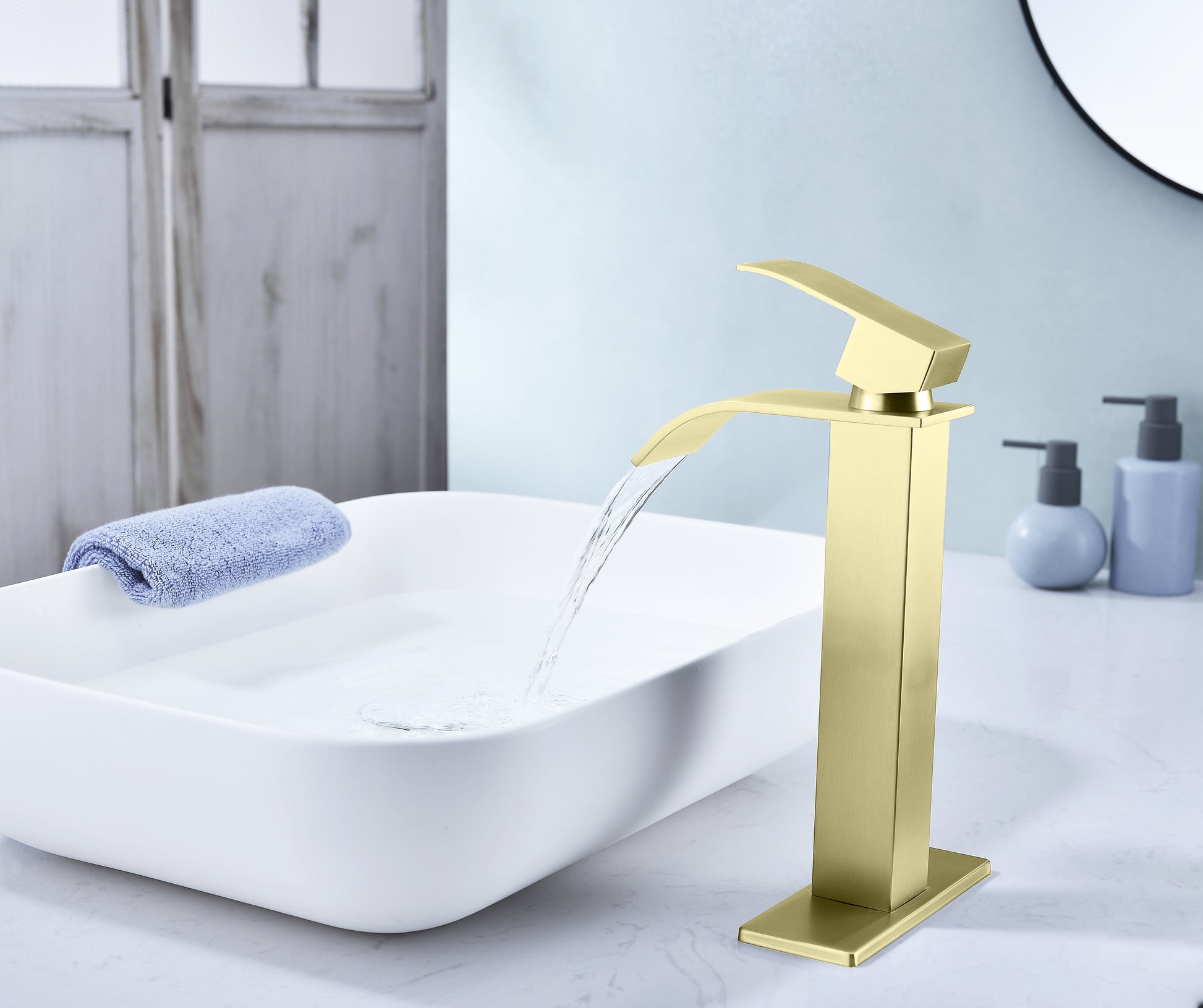 Waterfall Spout Bathroom Faucet,Single Handle Bathroom Vanity Sink Faucet Brushed Gold Stainless Steel