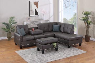 Espresso Faux Leather Living Room Furniture 3 Pcs Sectional Sofa Set Laf Sofa Raf Chaise And Storage Ottoman Cup Holder Couch Espresso Primary Living Space Contemporary,Modern,Transitional L Shaped Rubberwood Faux Leather 5 Seat