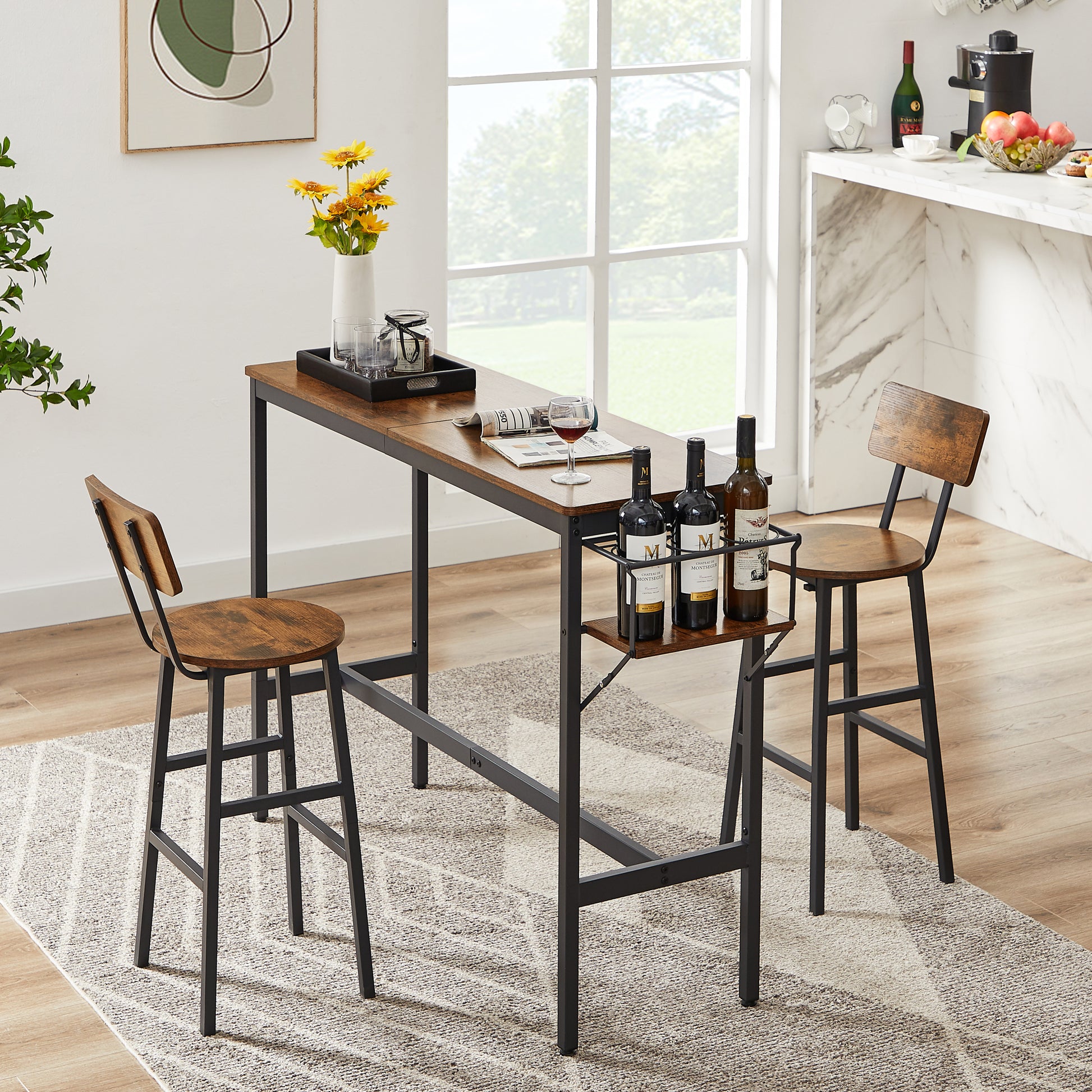 Bar Table Set With Wine Bottle Storage Rack. Rustic Brown, 47.24'' L X 15.75'' W X 35.43'' H. Rustic Brown Particle Board