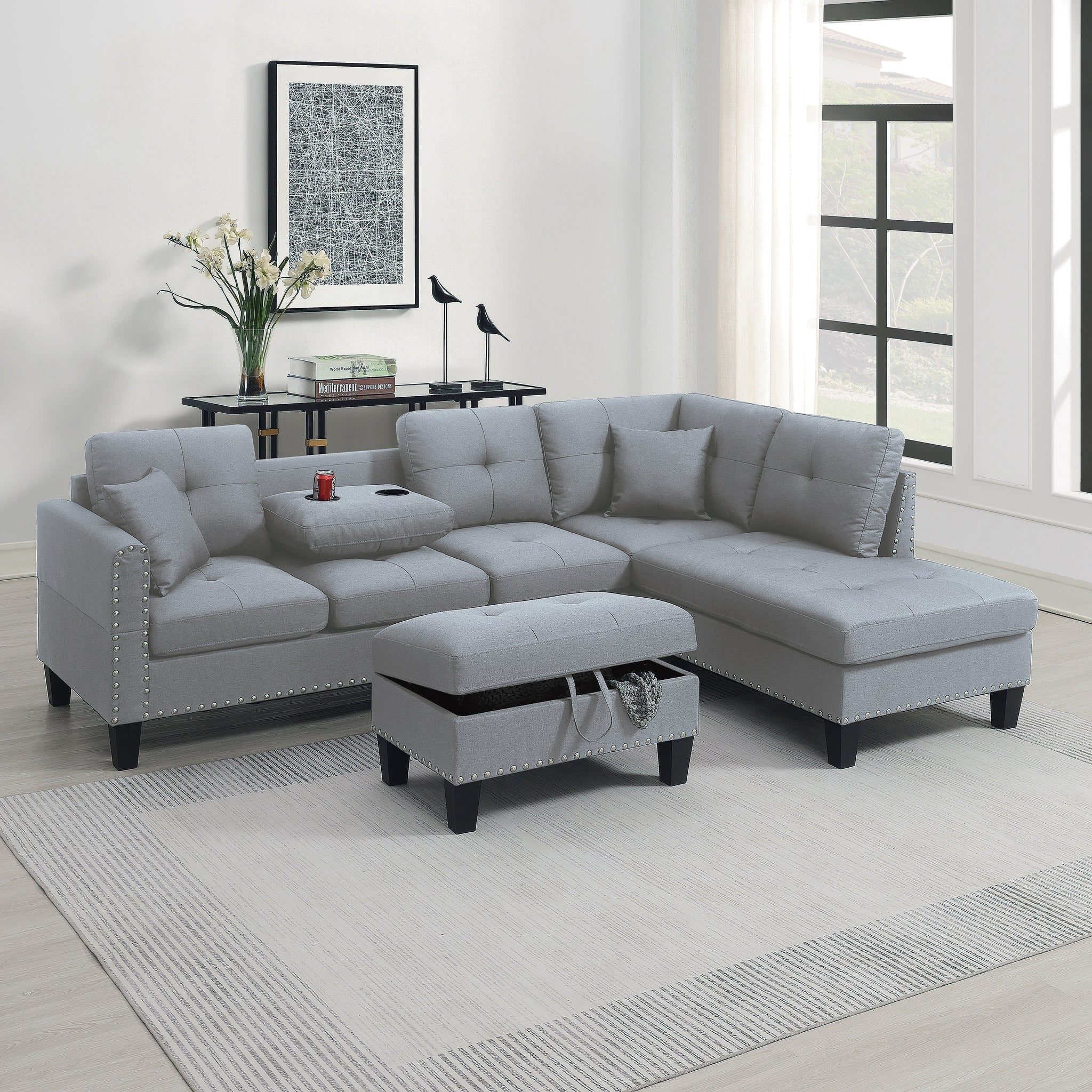 Living Room Furniture 3 Pcs Sectional Sofa Set Laf Sofa Raf Chaise And Storage Ottoman Cup Holder Taupe Grey Color Linen Like Fabric Couch Gray Taupe Nordic Primary Living Space Contemporary,Modern,Transitional L Shaped Rubberwood Fabric 5 Seat