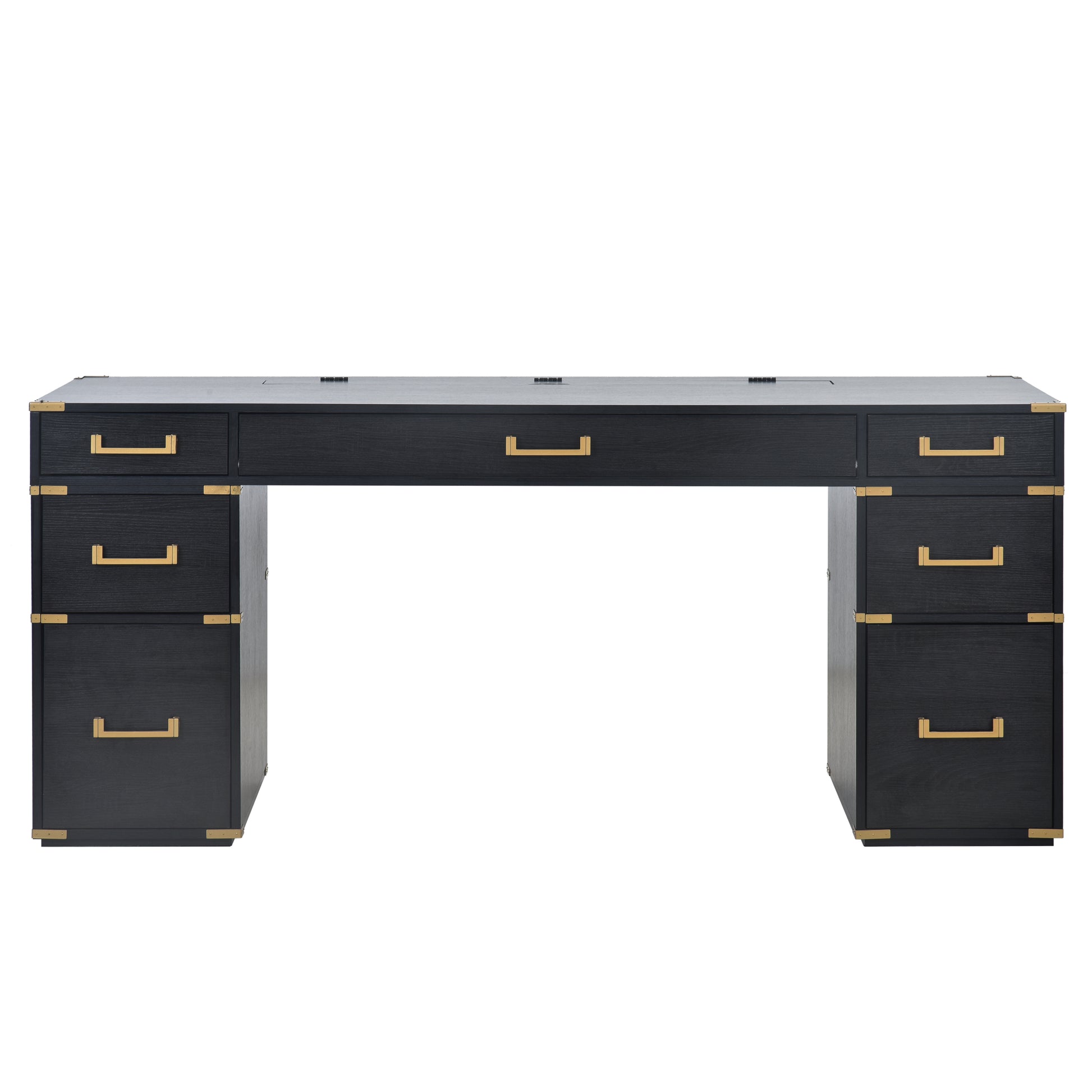 70"Classic And Traditional Executive Desk With Metal Edge Trim ,Writing Desk With 2 File Drawers,Usb Ports And Outlets,Desk With Hidden Compartment For Living Room,Home Office,Study Room,Black Black Gold Mdf Metal