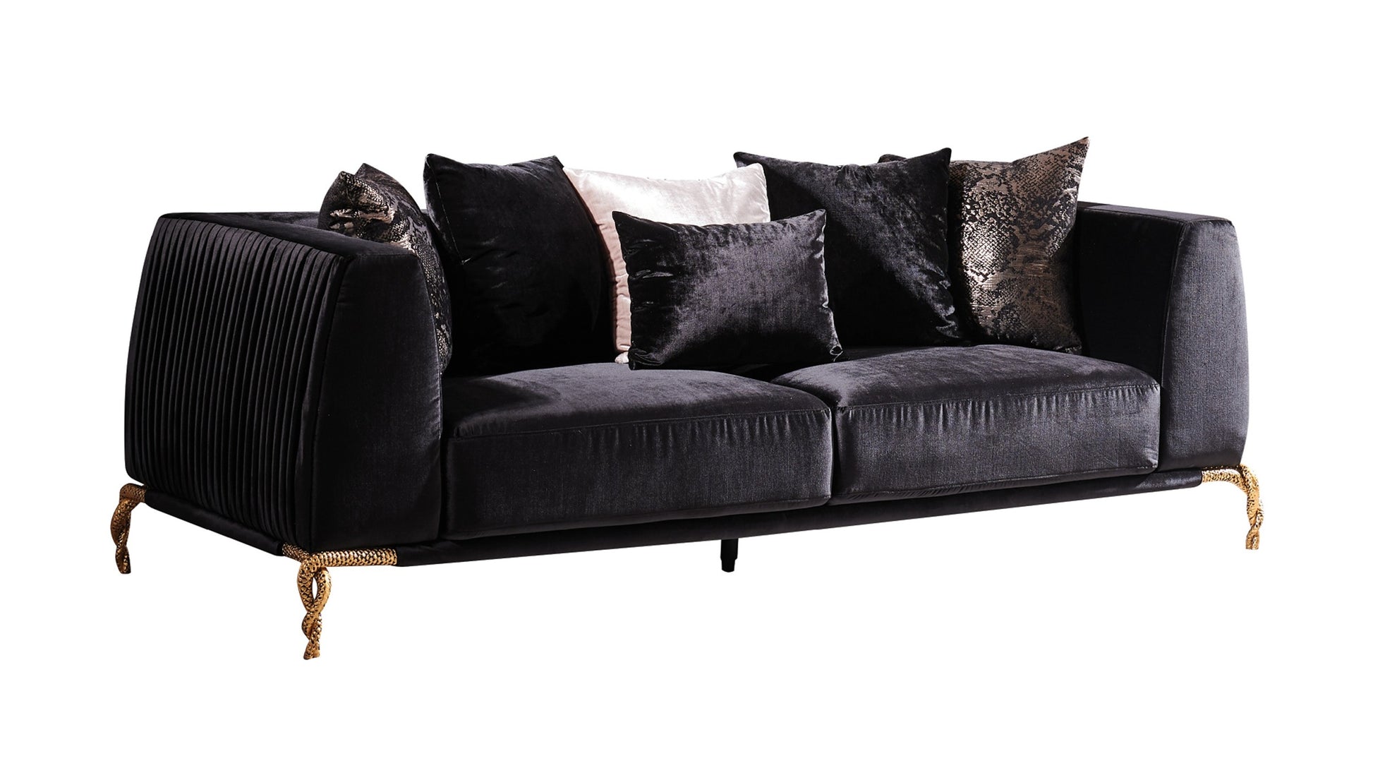 Majestic Shiny Thick Velvet Fabric Upholstered 2Pc Living Room Set Made With Wood In Black Black Velvet Wood Primary Living Space Tight Back Contemporary,Modern Upholstered Wood 5 Seat