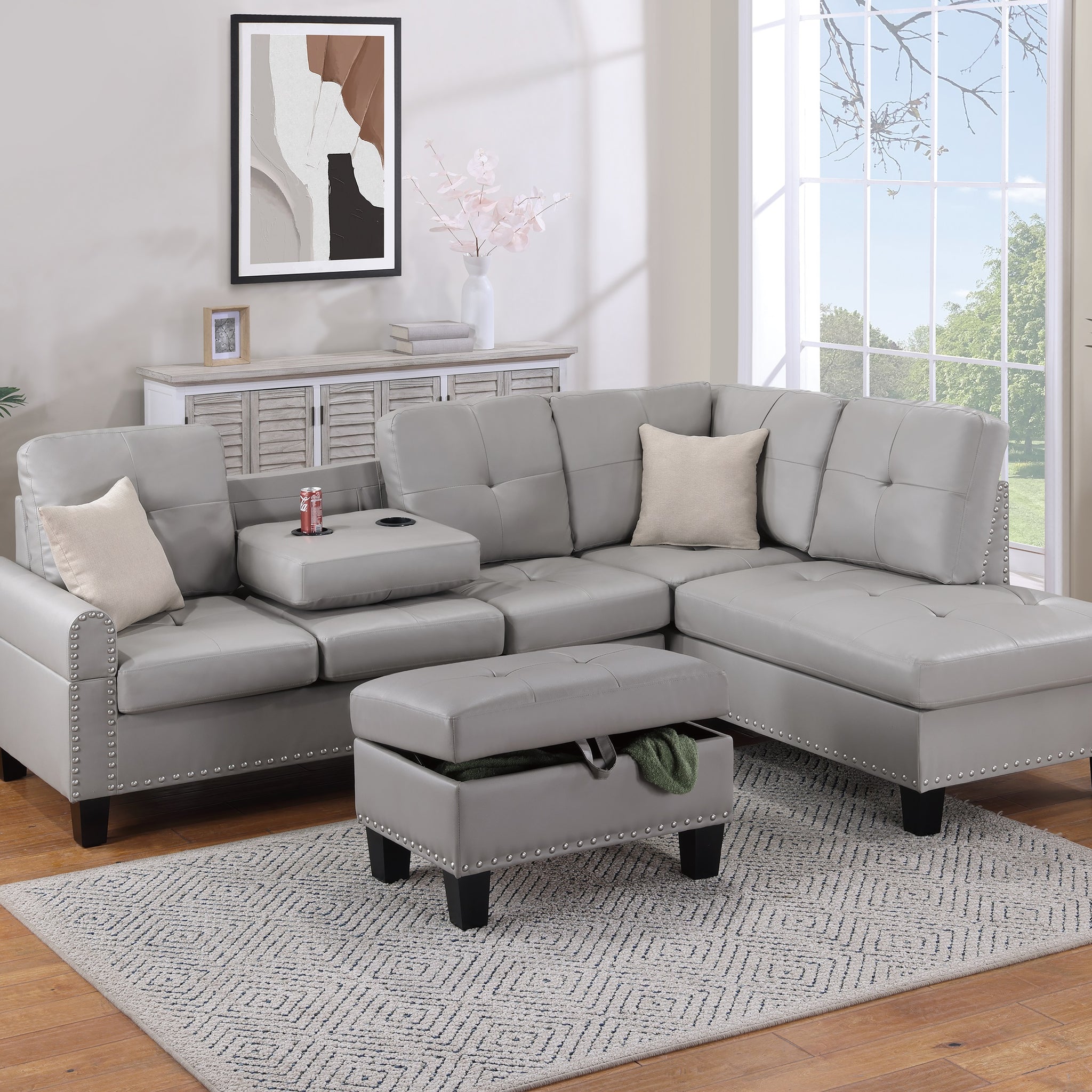 Grey Faux Leather Living Room Furniture 3 Pcs Sectional Sofa Set Laf Sofa Raf Chaise And Storage Ottoman Cup Holder Couch Grey Primary Living Space Contemporary,Modern,Transitional L Shaped Rubberwood Faux Leather 5 Seat