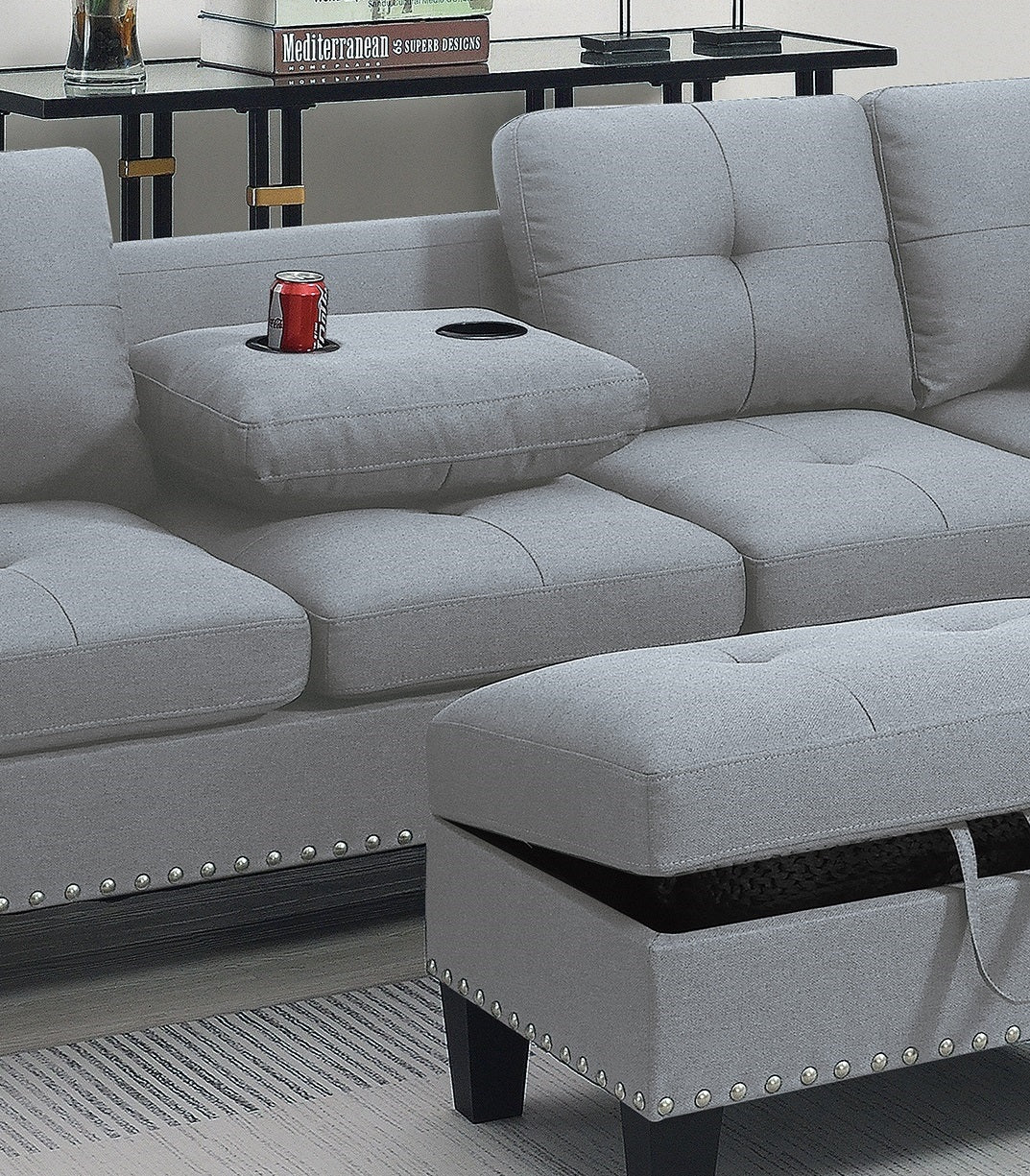 Living Room Furniture 3 Pcs Sectional Sofa Set Laf Sofa Raf Chaise And Storage Ottoman Cup Holder Taupe Grey Color Linen Like Fabric Couch Gray Taupe Nordic Primary Living Space Contemporary,Modern,Transitional L Shaped Rubberwood Fabric 5 Seat