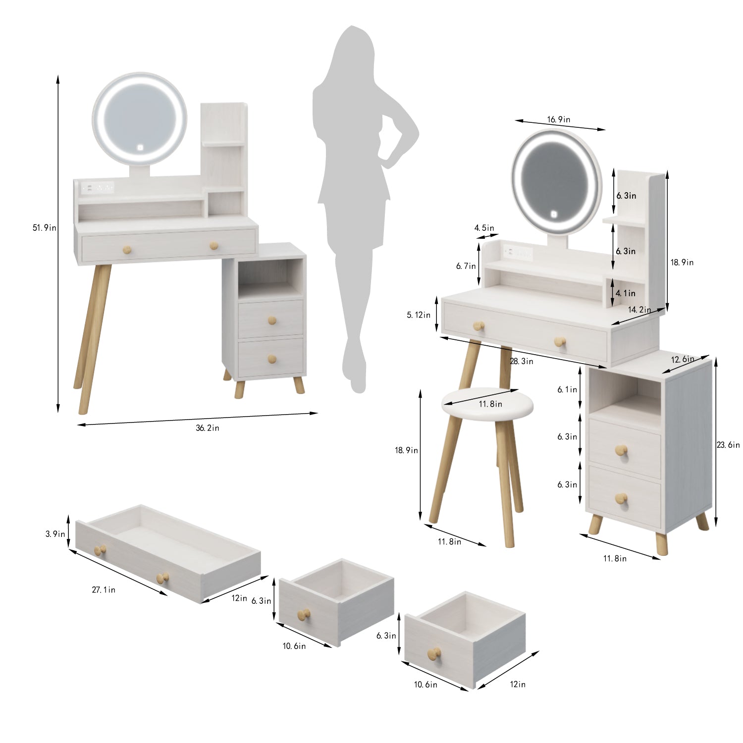 Round Mirror Bedside Cabinet Vanity Table Cushioned Stool, 17" Diameter Led Mirror, Touch Control, 3 Color, Brightness Adjustable, Large Desktop, Right Bedside Cabinet, Multi Layer Storage White Oak Mdf