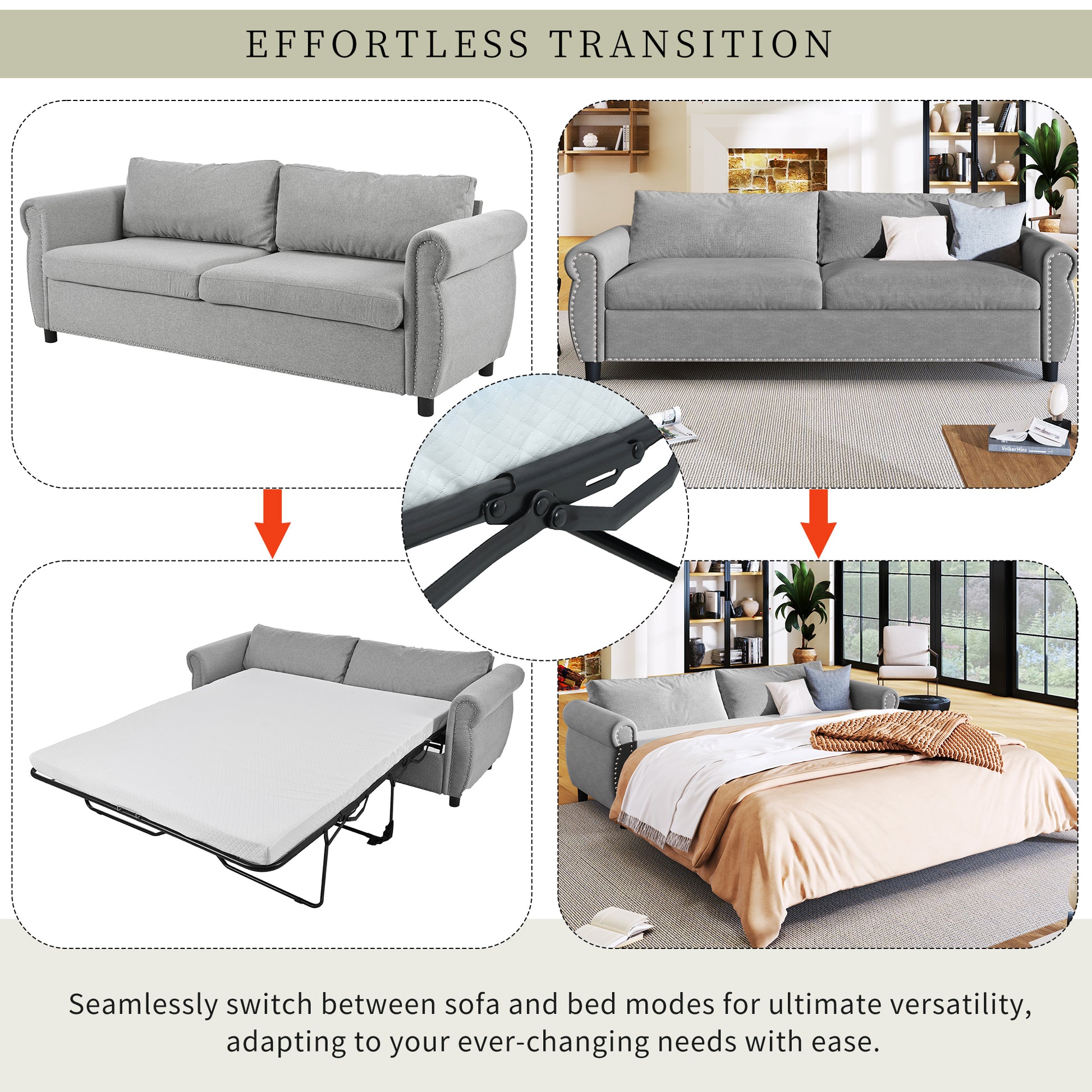 80.7'' 2 In 1 Sofa Bed Sleeper With Large Memory Mattress 63''*70.9*3.3 Inch , For Living Room Spaces Bedroom Gray Polyester