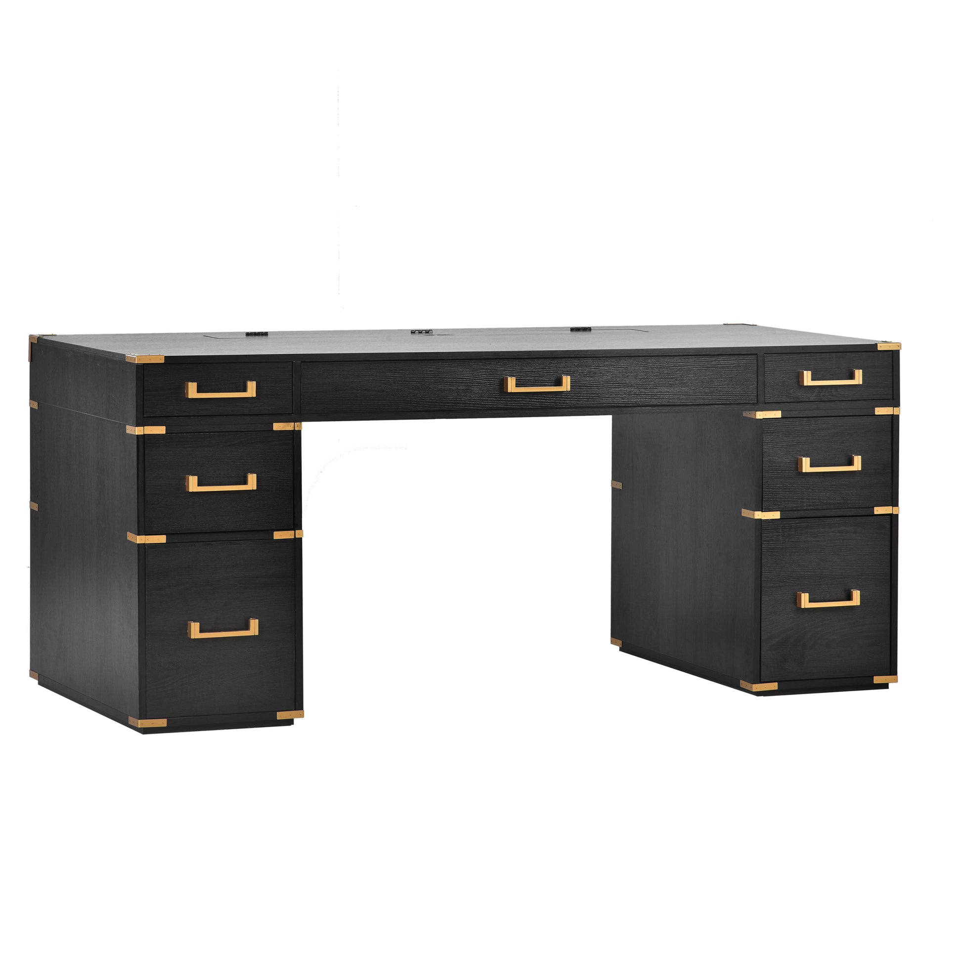 70"Classic And Traditional Executive Desk With Metal Edge Trim ,Writing Desk With 2 File Drawers,Usb Ports And Outlets,Desk With Hidden Compartment For Living Room,Home Office,Study Room,Black Black Gold Mdf Metal