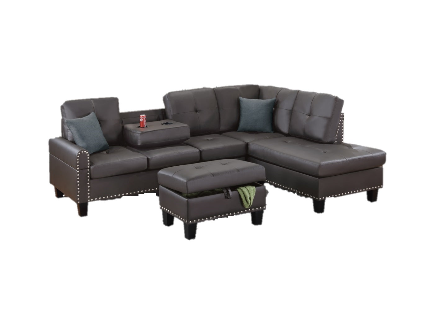 Espresso Faux Leather Living Room Furniture 3 Pcs Sectional Sofa Set Laf Sofa Raf Chaise And Storage Ottoman Cup Holder Couch Espresso Primary Living Space Contemporary,Modern,Transitional L Shaped Rubberwood Faux Leather 5 Seat