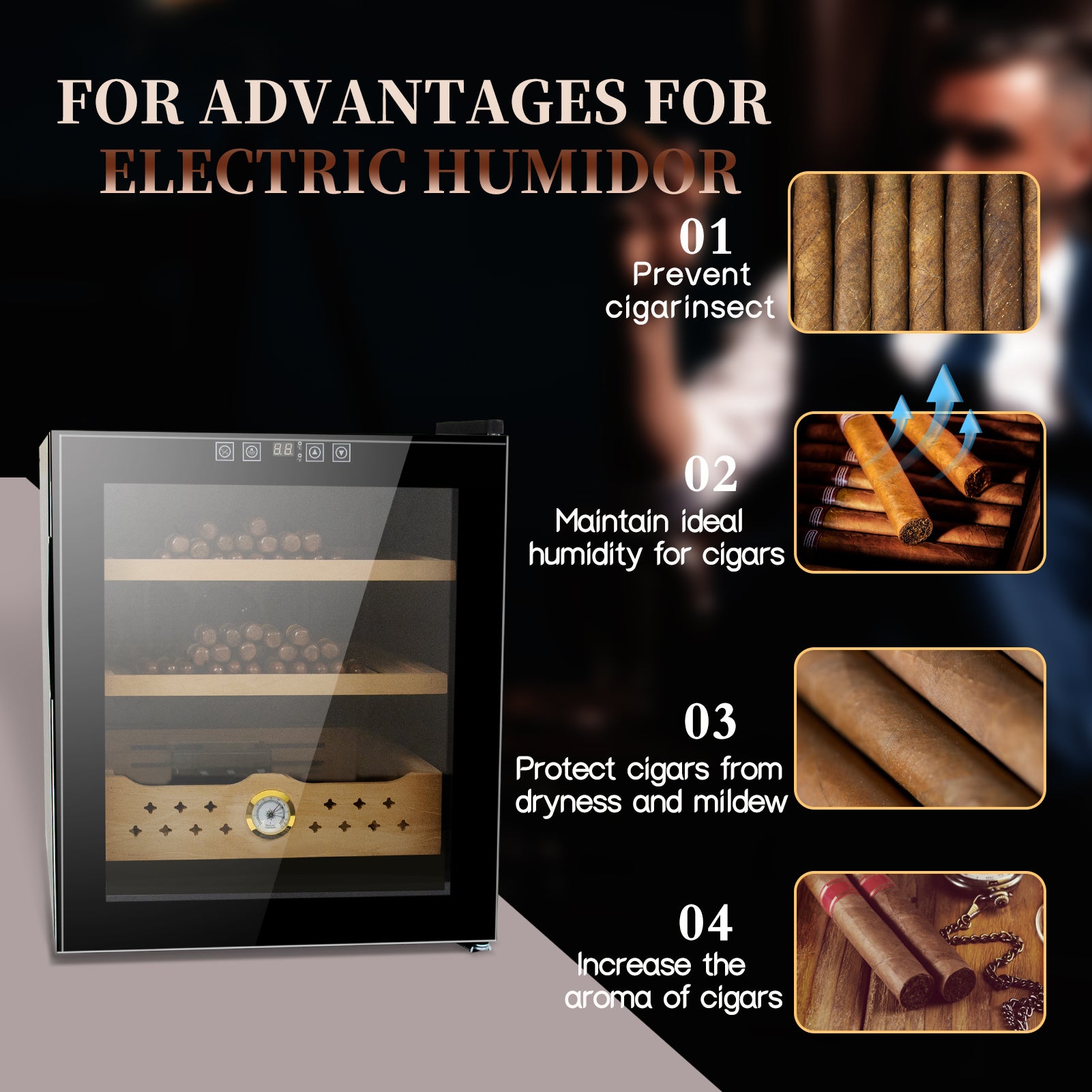 50L Humidors With Cooling And Heating Function300 Counts Capacity Humidor Humidifiers With Constant Temperature Controller, Father'S Day Gift For Men Black Steel