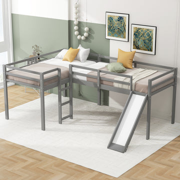 L Shaped Twin Size Loft Bed With Ladder And Slide, Gray Gray Solid Wood Mdf