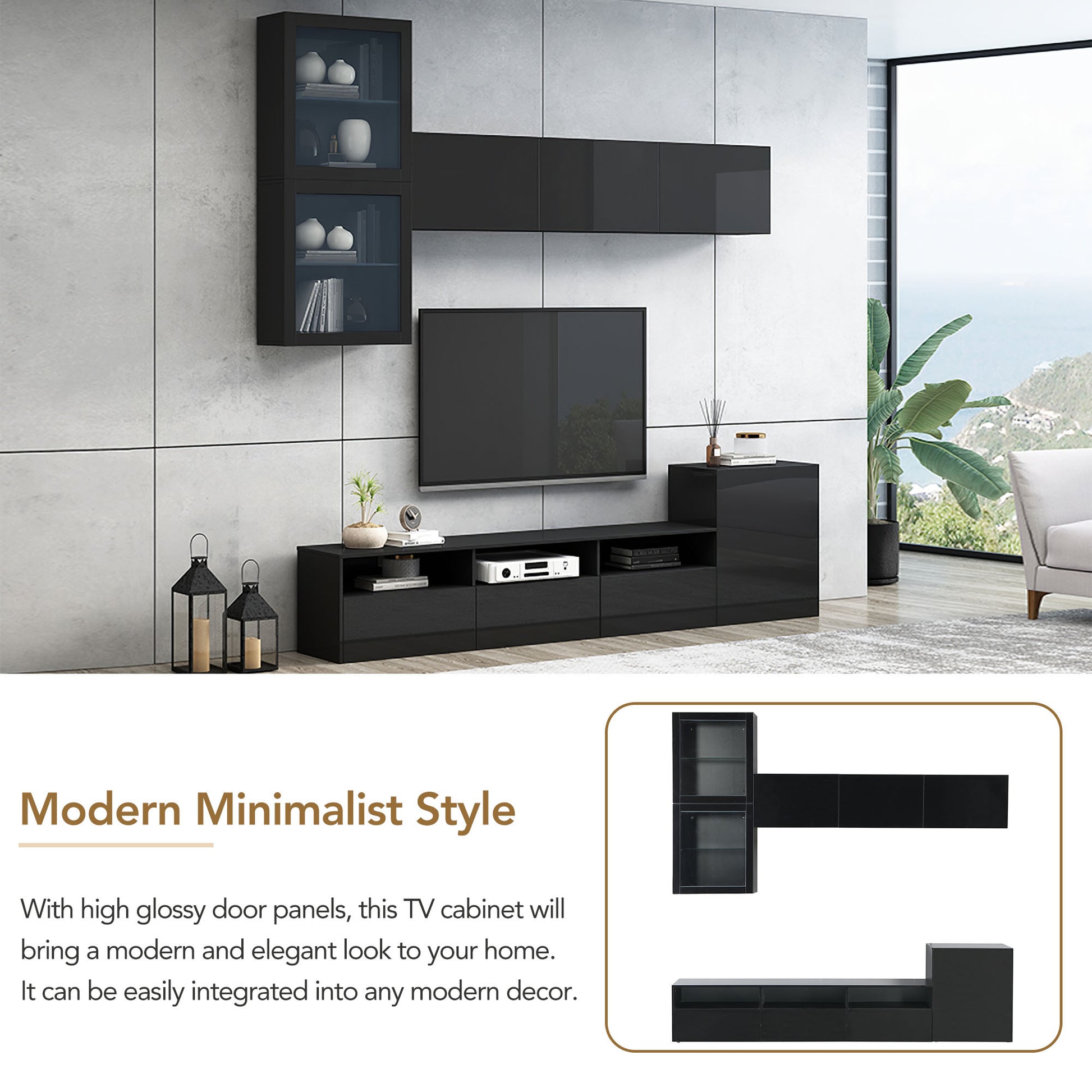 High Gloss Tv Stand With Large Storage Space, Media Console For Tvs Up To 78", Versatile Entertainment Center With Wall Mounted Floating Storage Cabinets For Living Room, Black Black Primary Living Space 70 79 Inches 70 79 Inches Mdf