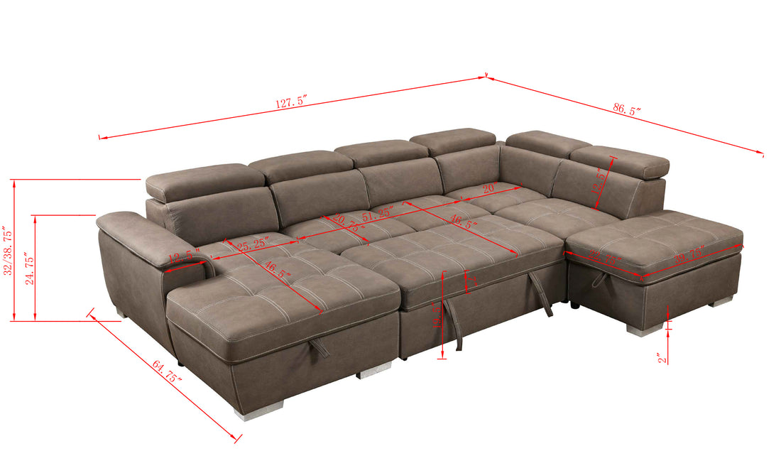 128"Sofa U Shaped Sectional Couch With Ottomans Reversible Modular Sofa 7 Seater Couch With Storage Seat,Living Room Furniture Sofa Sets With Adjustable Headrest, Brown Brown Microfiber Wood Primary Living Space Soft Modern Foam Upholstered 7 Seat