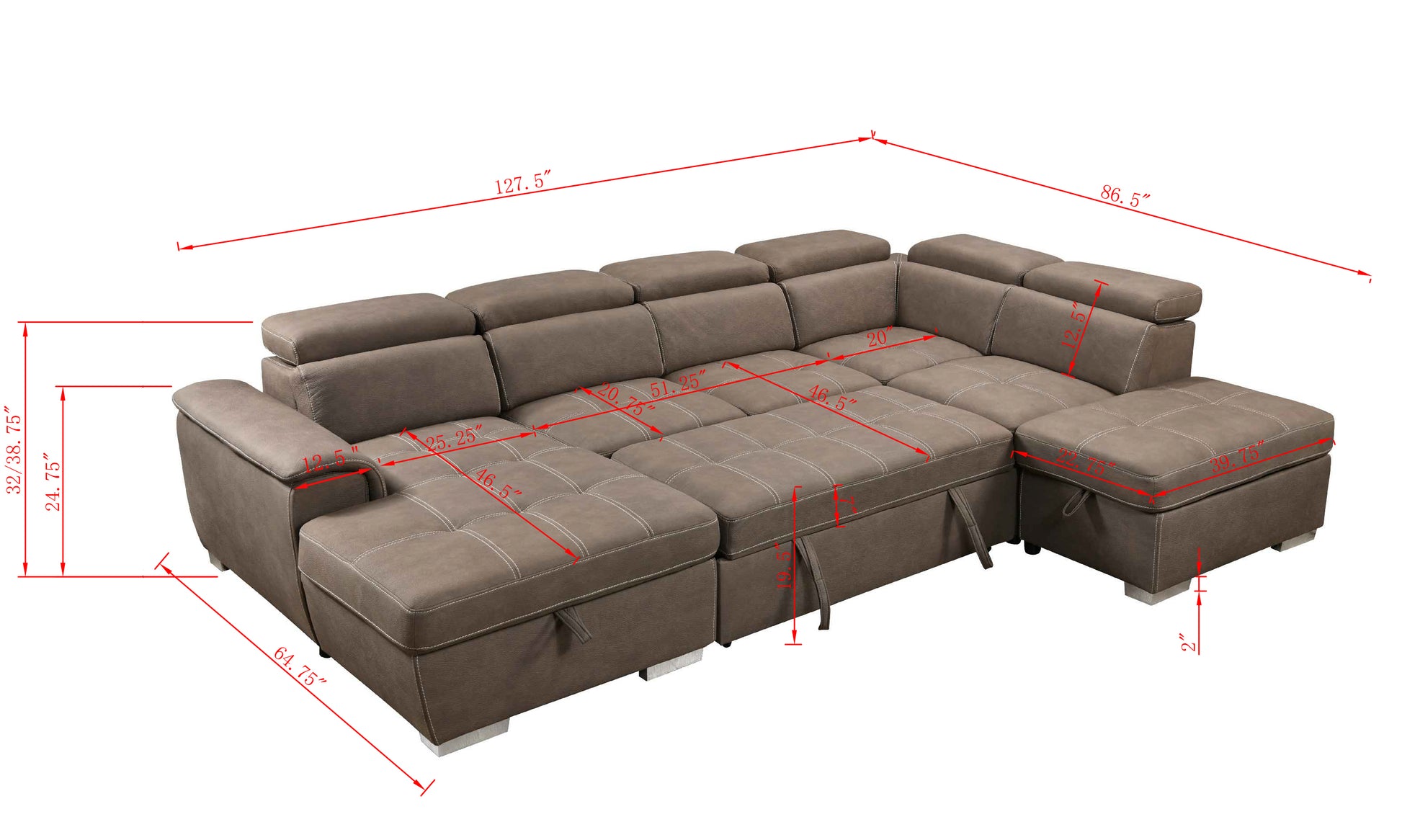 128"Sofa U Shaped Sectional Couch With Ottomans Reversible Modular Sofa 7 Seater Couch With Storage Seat,Living Room Furniture Sofa Sets With Adjustable Headrest, Brown Brown Microfiber Wood Primary Living Space Soft Modern Foam Upholstered 7 Seat