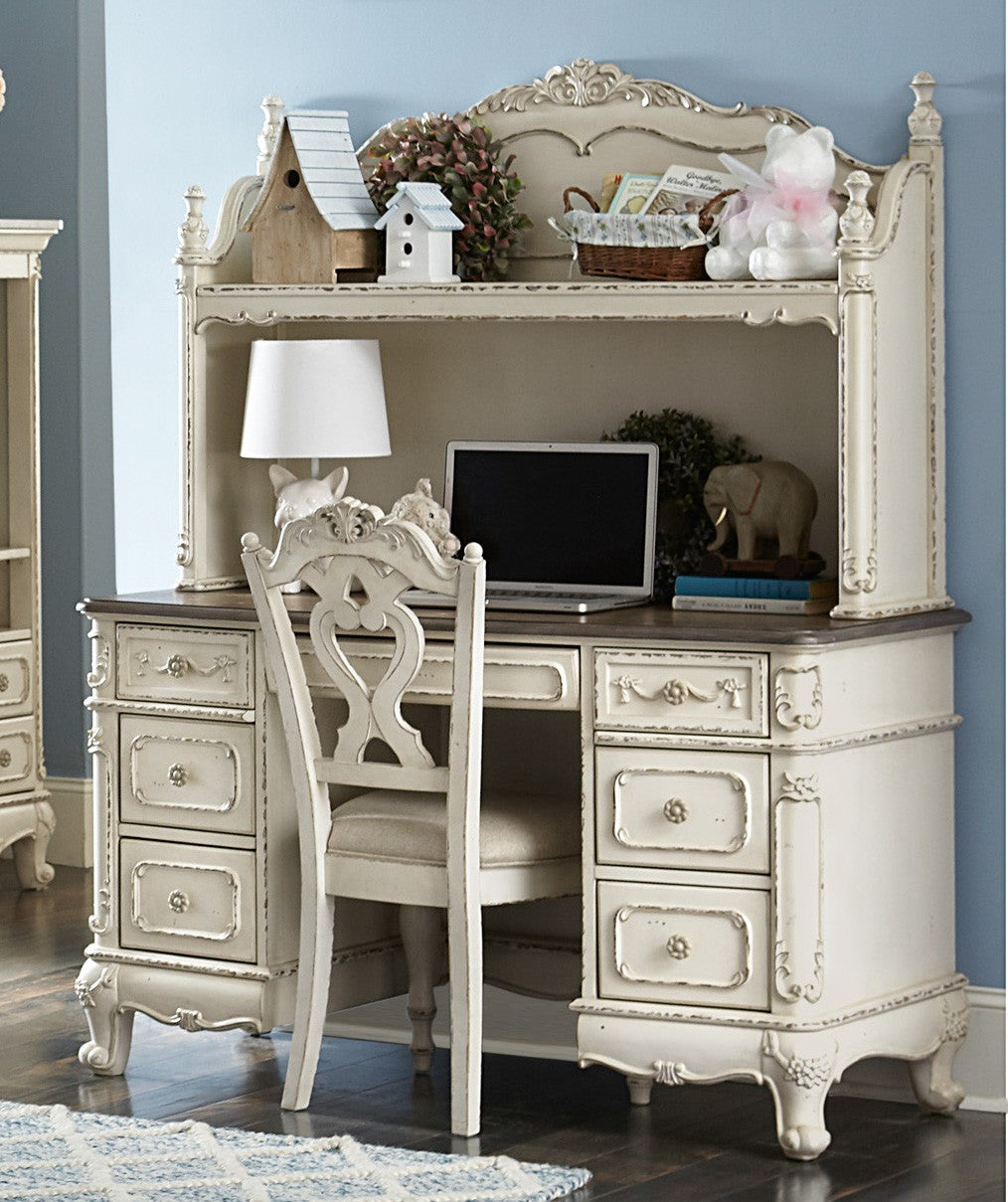 Victorian Style Antique White Desk Chair 1Pc Upholstered Cushioned Sea