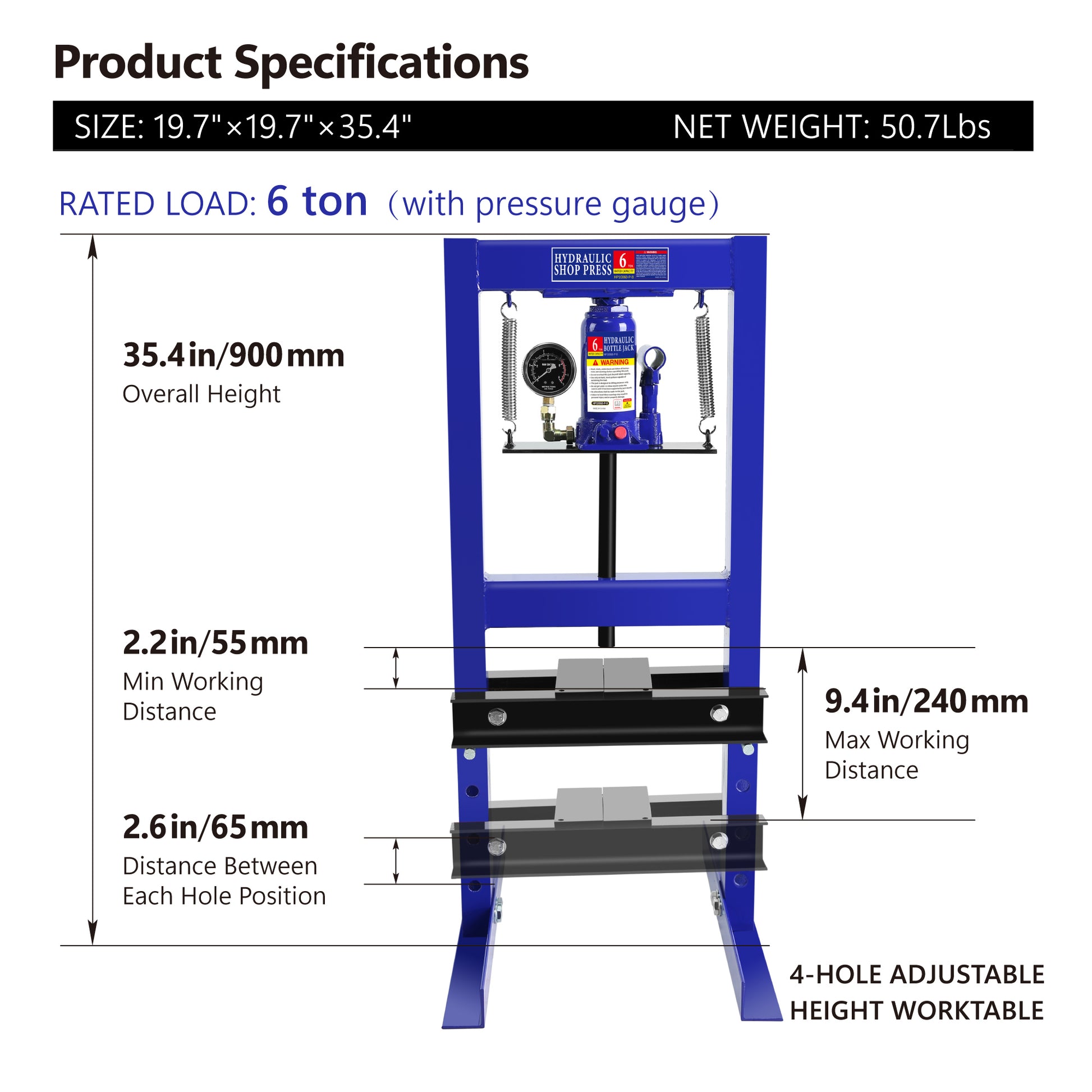 Steel H Frame Hydraulic Garage Shop Floor Press With Stamping Plates, With Pressure Gauge,6 Ton Capacity, Blue Blue Steel