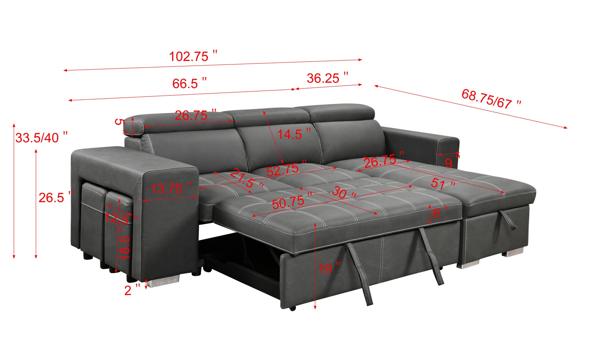 105 Inch Reversible Sectional Sofa With Storage Chaise And 2 Stools, With Adjustable Headrest, Sleeper Contemporary Corner Sectional With Pull Out Sleeper And Chaisecharcoal Grey Gray Microfiber Wood Primary Living Space Soft Pillow Back Modern