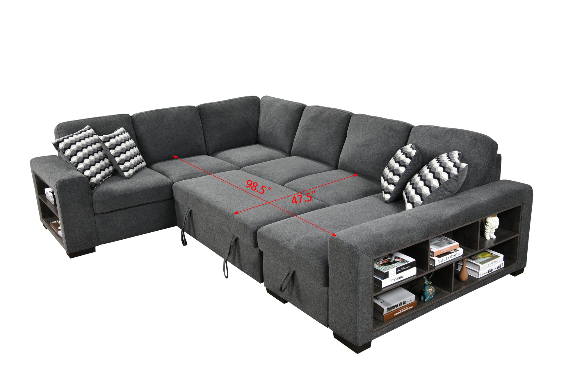 125'' Modern U Shaped 7 Seat Sectional Sofa Couch With Cabinet,Sofa Bed With Storage Chaise Pull Out Couch Bed For Living Room,Dark Gray Light Brown Wood Primary Living Space Heavy Duty Eucalyptus 7 Seat Dark Gray Polyester Soft Pillow Back Modern Square