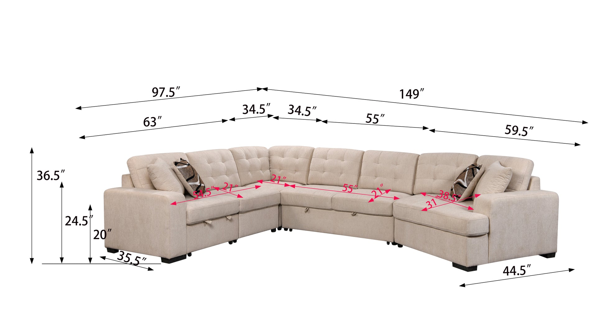 149" Oversized Sectional Modern Large Upholstered U Shape Sectional Sofa, Extra Wide Chaise Lounge Couch For Home, Bedroom, Apartment, Dorm, Office, Beige White Foam Upholstered