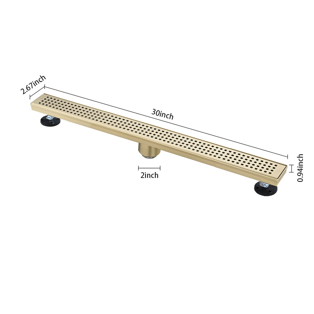 30 Inches Linear Shower Drain, Included Hair Strainer And Leveling Feet Brushed Gold Stainless Steel