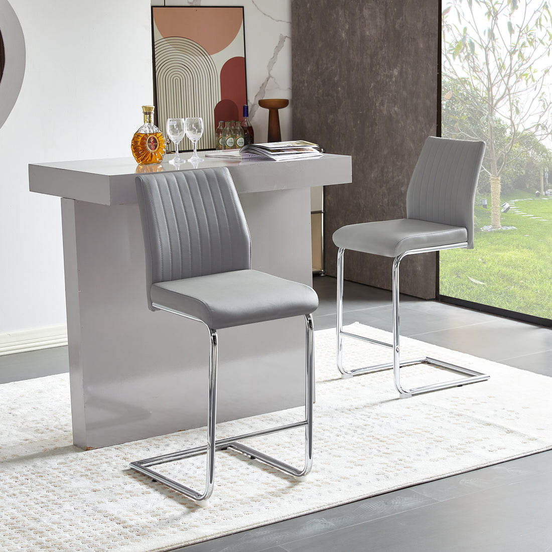 Light Grey Modern Simple Bar Chair Pu Leather Chrome Metal Pipe, Restaurant, Family Bar Chair Set Of 2 Light Grey Pu Leather