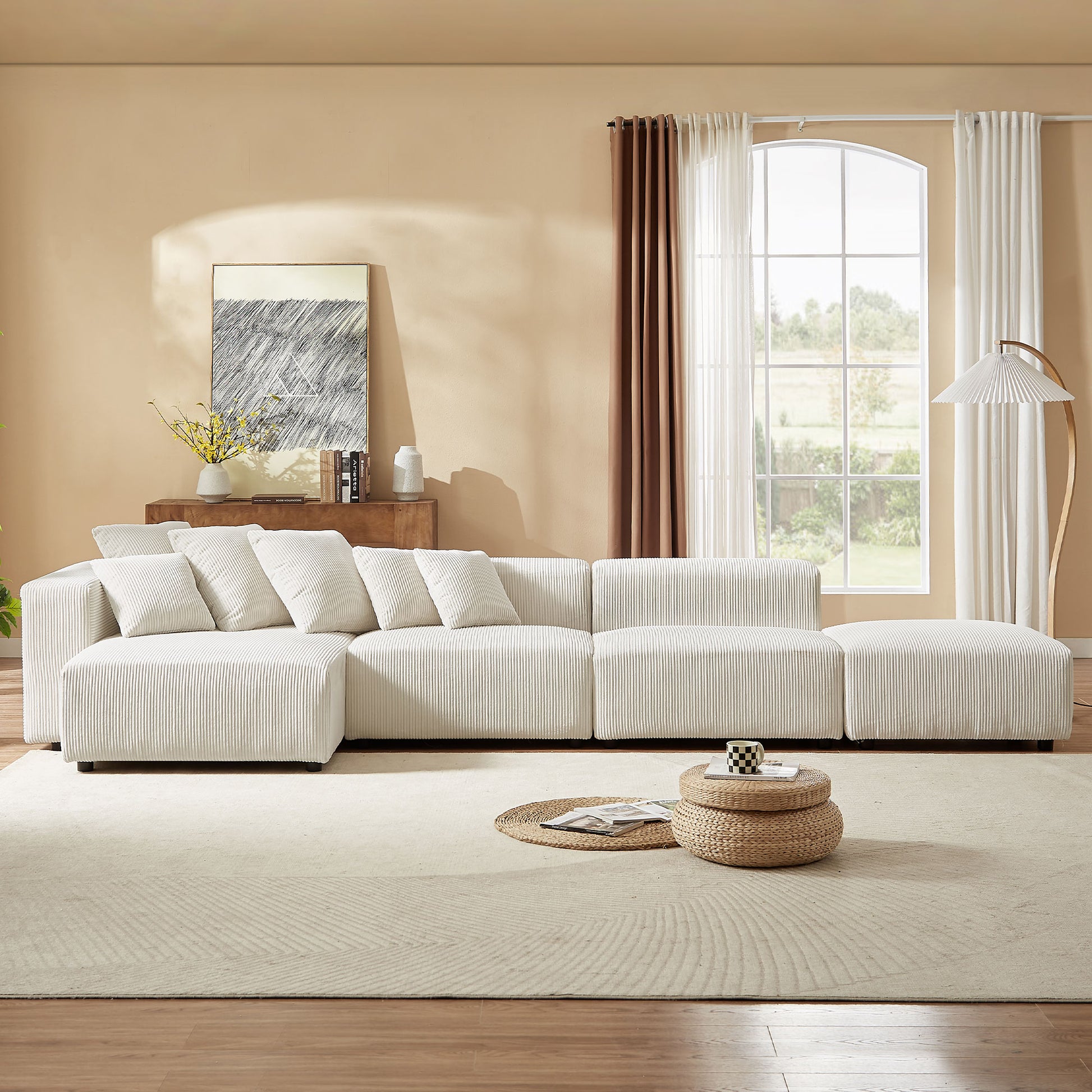 Soft Corduroy Sectional Modular Sofa 4 Piece Set, Small L Shaped Chaise Couch For Living Room, Apartment, Office, Beige Beige Fabric