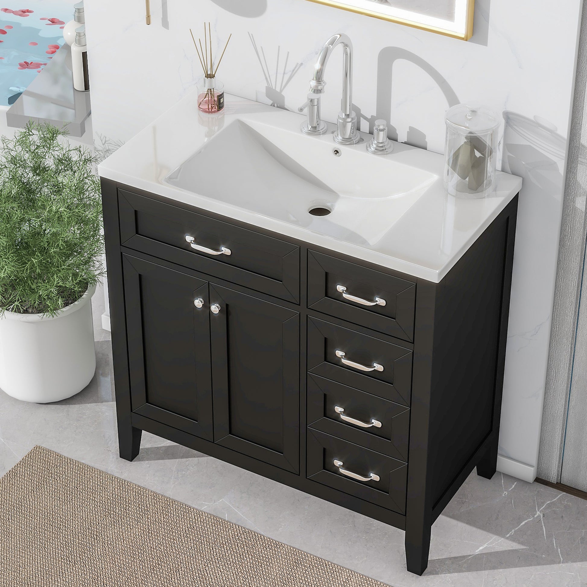 36" Bathroom Vanity With Sink Combo, Black Bathroom Cabinet With Drawers, Solid Frame And Mdf Board Black Solid Wood Mdf