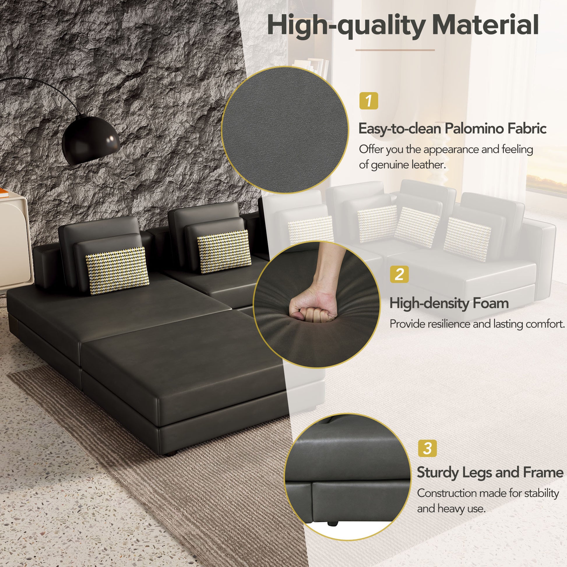 112.7" Modular Sectional Sofa Corner Sofa Chaise Lounge With Movable Ottoman For Living Room, Black Black Foam Palomino Fabric