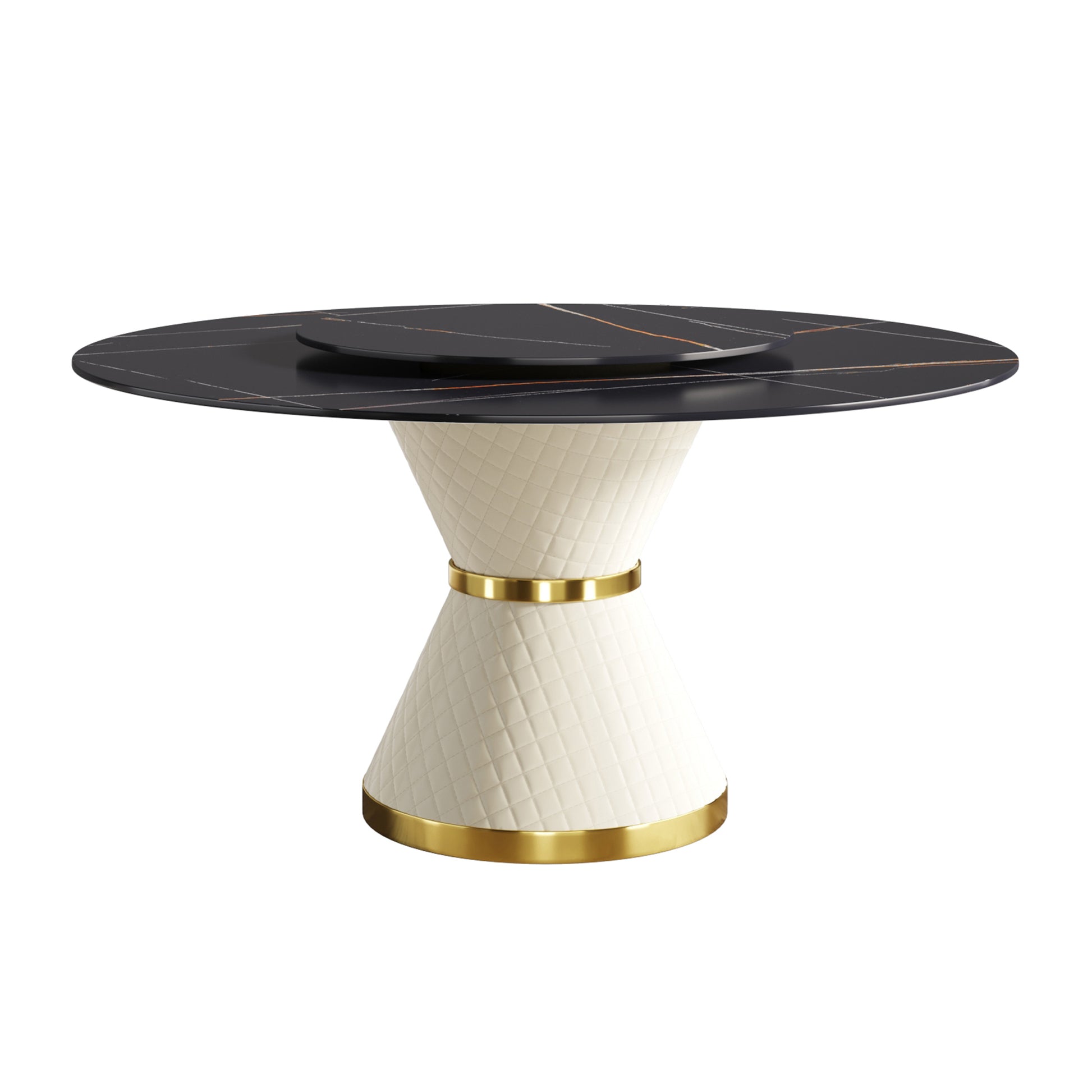 59.05"Modern Artificial Stone Round White Carbon Steel Base Dining Table Can Accommodate 6 People 31.5"Black Artificial Stone Turntable White Black Metal Marble