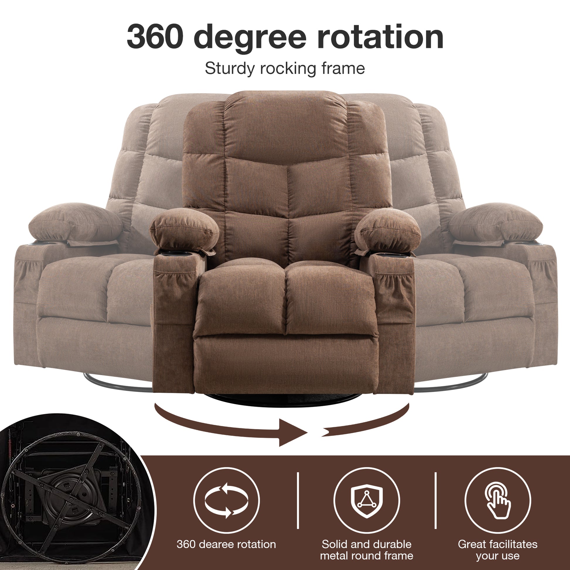 Massage Rocker Recliner Chair Rocking Chairs For Adults Oversized With 2 Cup Holders, Usb Charge Port Soft Features A Manual Massage And Heat. A B Brown Brown Soft Heavy Duty Foam Metal & Wood