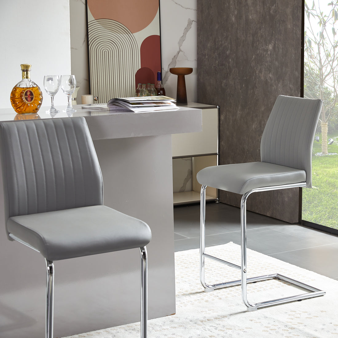 Light Grey Modern Simple Bar Chair Pu Leather Chrome Metal Pipe, Restaurant, Family Bar Chair Set Of 2 Light Grey Pu Leather