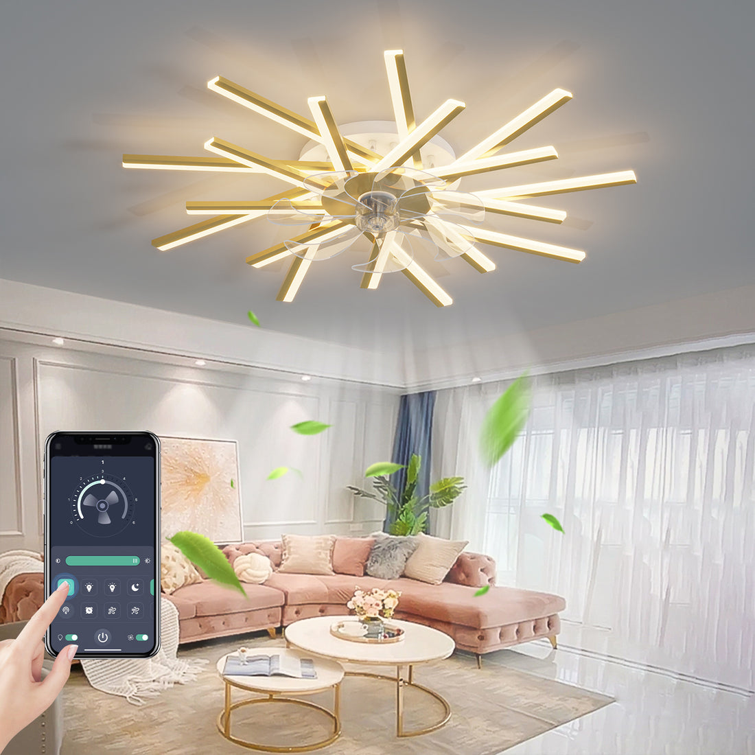 36In Ceiling Fan With Lights Remote Contro Dimmable Led,6 Gear Wind Speed Fan Light Gold Modern Acrylic