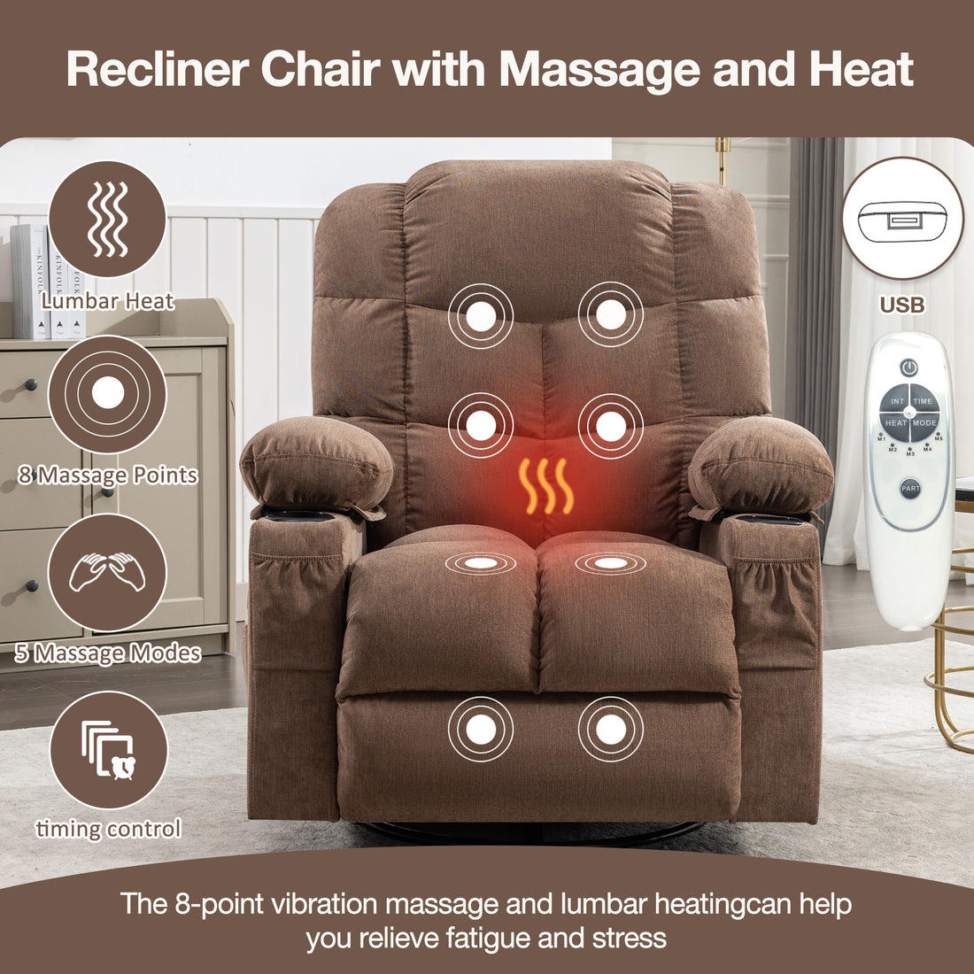 Massage Rocker Recliner Chair Rocking Chairs For Adults Oversized With 2 Cup Holders, Usb Charge Port Soft Features A Manual Massage And Heat. A B Brown Brown Soft Heavy Duty Foam Metal & Wood