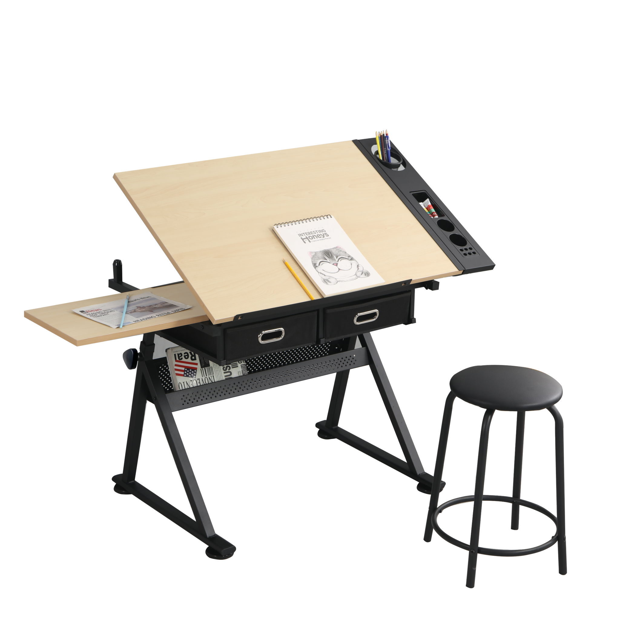 Adjustable Drawing Drafting Table Desk With 2 Drawers For Home Office And School With Stool Wood Ameican White Oak Mdf Metal