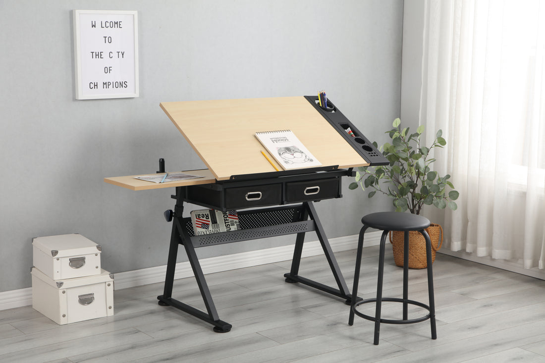 Adjustable Drawing Drafting Table Desk With 2 Drawers For Home Office And School With Stool Wood Ameican White Oak Mdf Metal