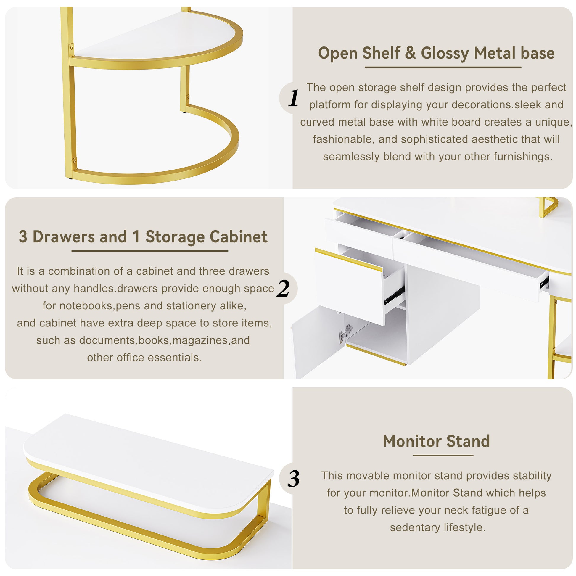 60''Modern Executive Desk,White Curved Computer Desk With Gold Metal Legs,3 Drawers Home Office Desk,Writing Desk With 1 Storage Cabinet For Home Office,Living Room,Gold White Gold White Mdf