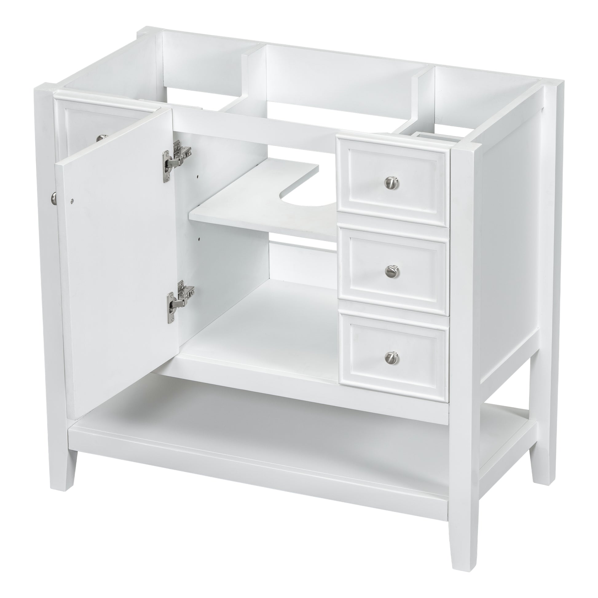 36" Bathroom Vanity Without Sink, Cabinet Base Only, One Cabinet And Three Drawers, White White Solid Wood Mdf