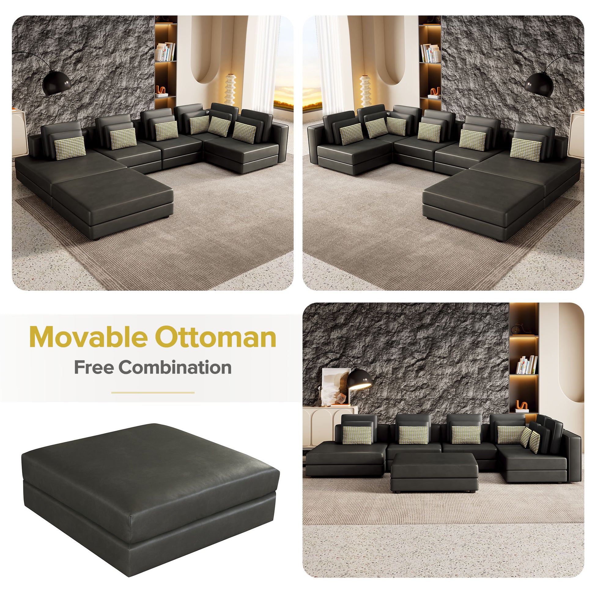 112.7" Modular Sectional Sofa Corner Sofa Chaise Lounge With Movable Ottoman For Living Room, Black Black Foam Palomino Fabric