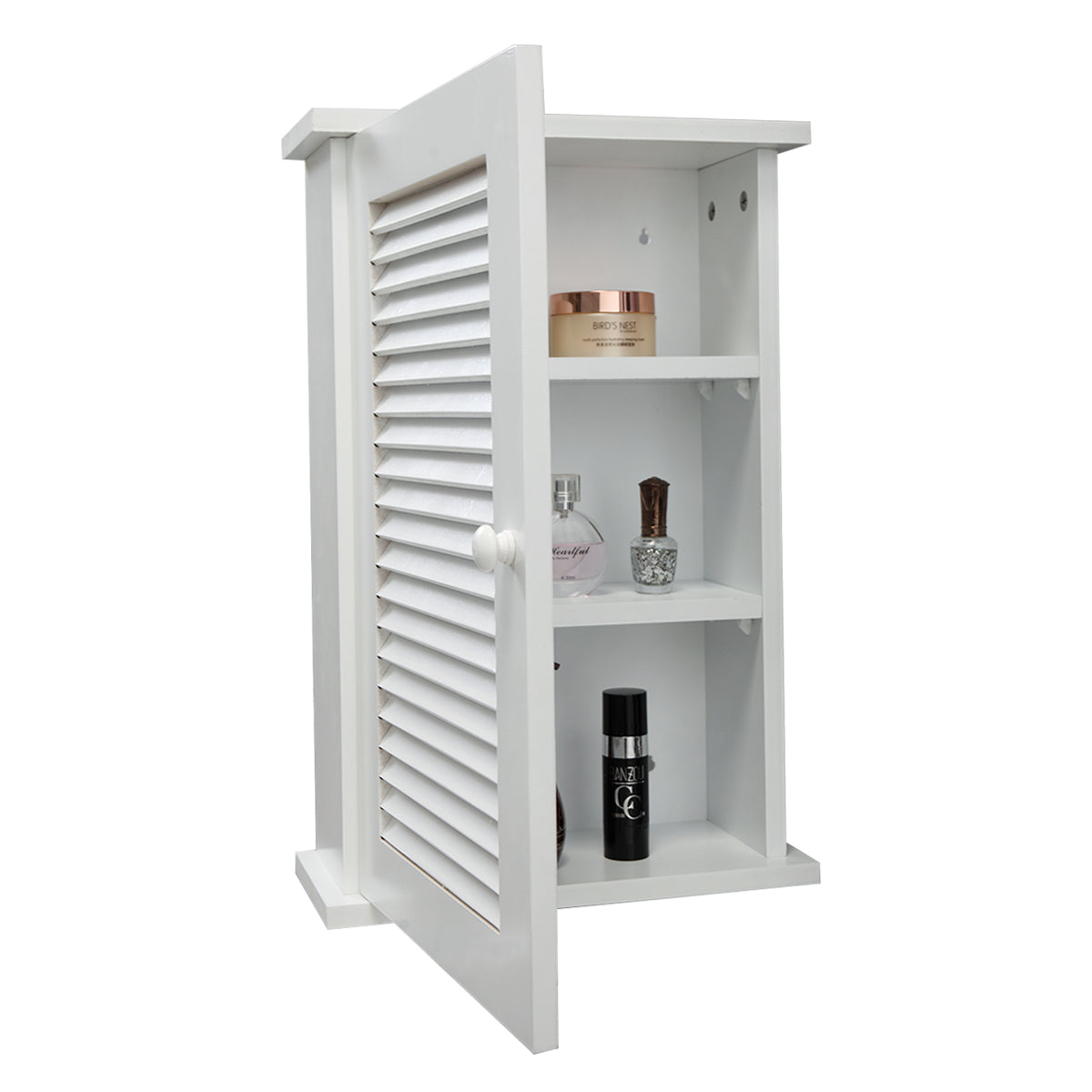 Wall Mounted Cabinet, Hanging Medicine Cabinet With 3 Tiers, Single Louvered Door, Floating Cupboard For Home Bathroom Bedroom, White White Mdf