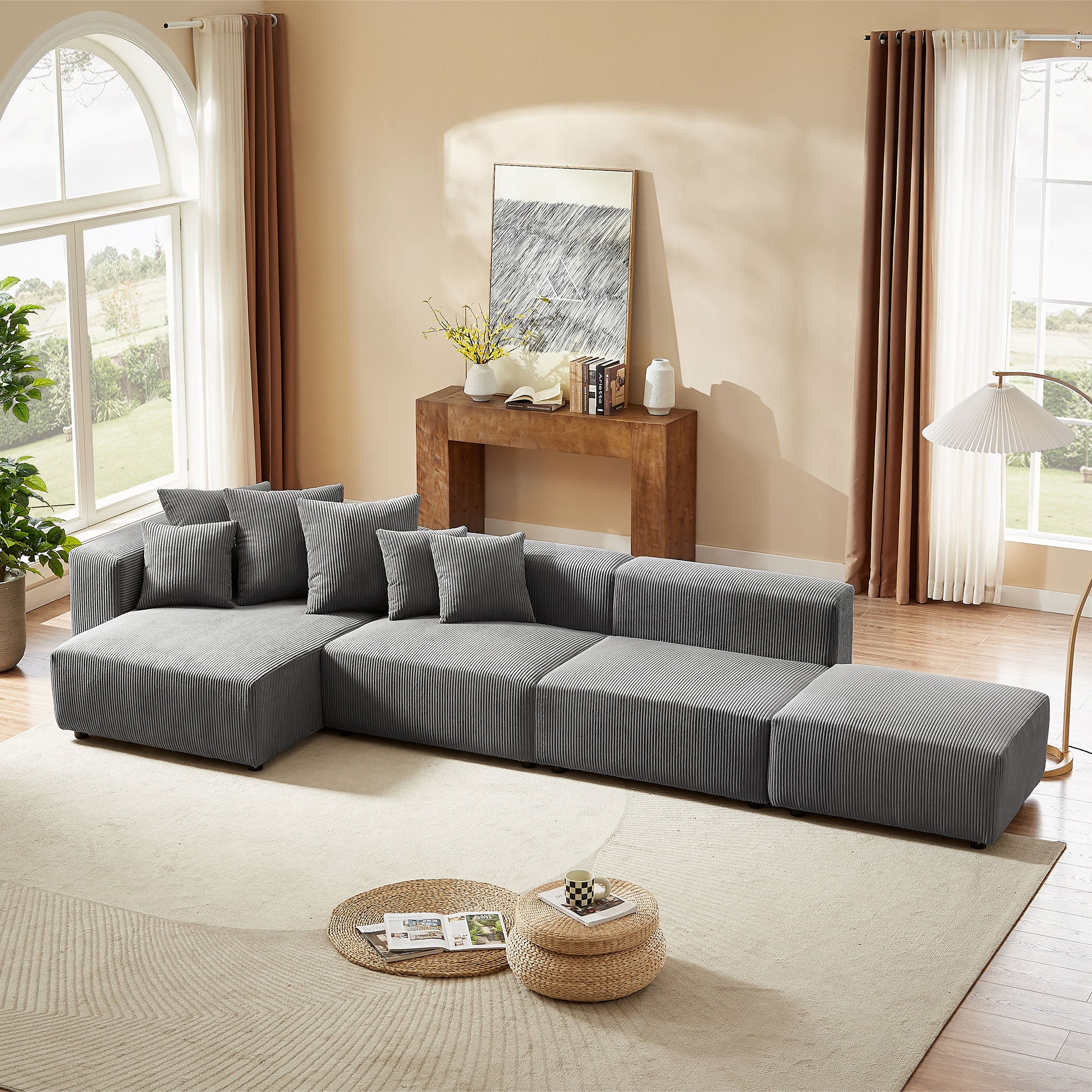 Soft Corduroy Sectional Modular Sofa 4 Piece Set, Small L Shaped Chais