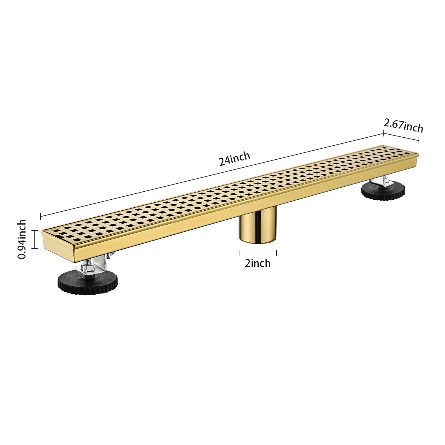 24 Inches Linear Shower Drain, Included Hair Strainer And Leveling Feet Brushed Gold Stainless Steel