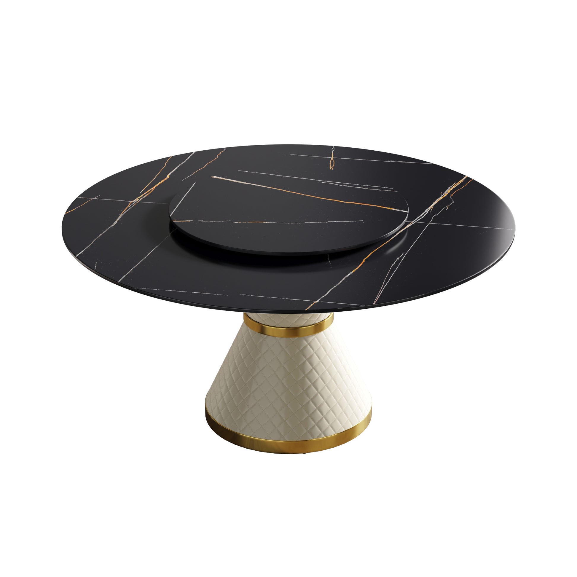 59.05"Modern Artificial Stone Round White Carbon Steel Base Dining Table Can Accommodate 6 People 31.5"Black Artificial Stone Turntable White Black Metal Marble