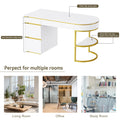 60''Modern Executive Desk,White Curved Computer Desk With Gold Metal Legs,3 Drawers Home Office Desk,Writing Desk With 1 Storage Cabinet For Home Office,Living Room,Gold White Gold White Mdf