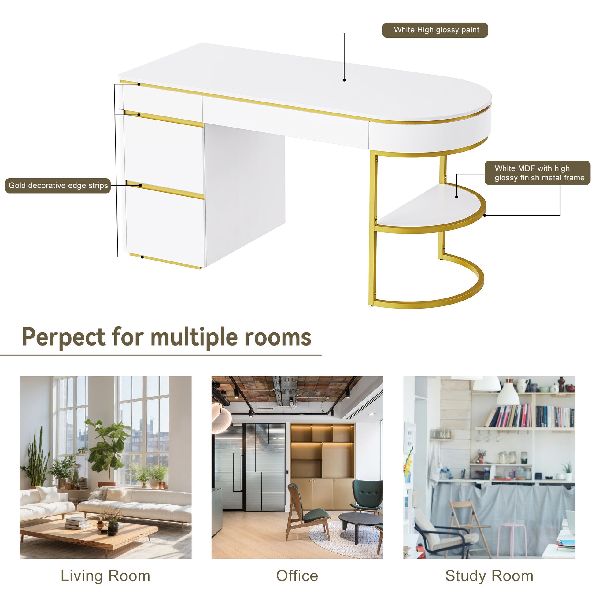 60''Modern Executive Desk,White Curved Computer Desk With Gold Metal Legs,3 Drawers Home Office Desk,Writing Desk With 1 Storage Cabinet For Home Office,Living Room,Gold White Gold White Mdf