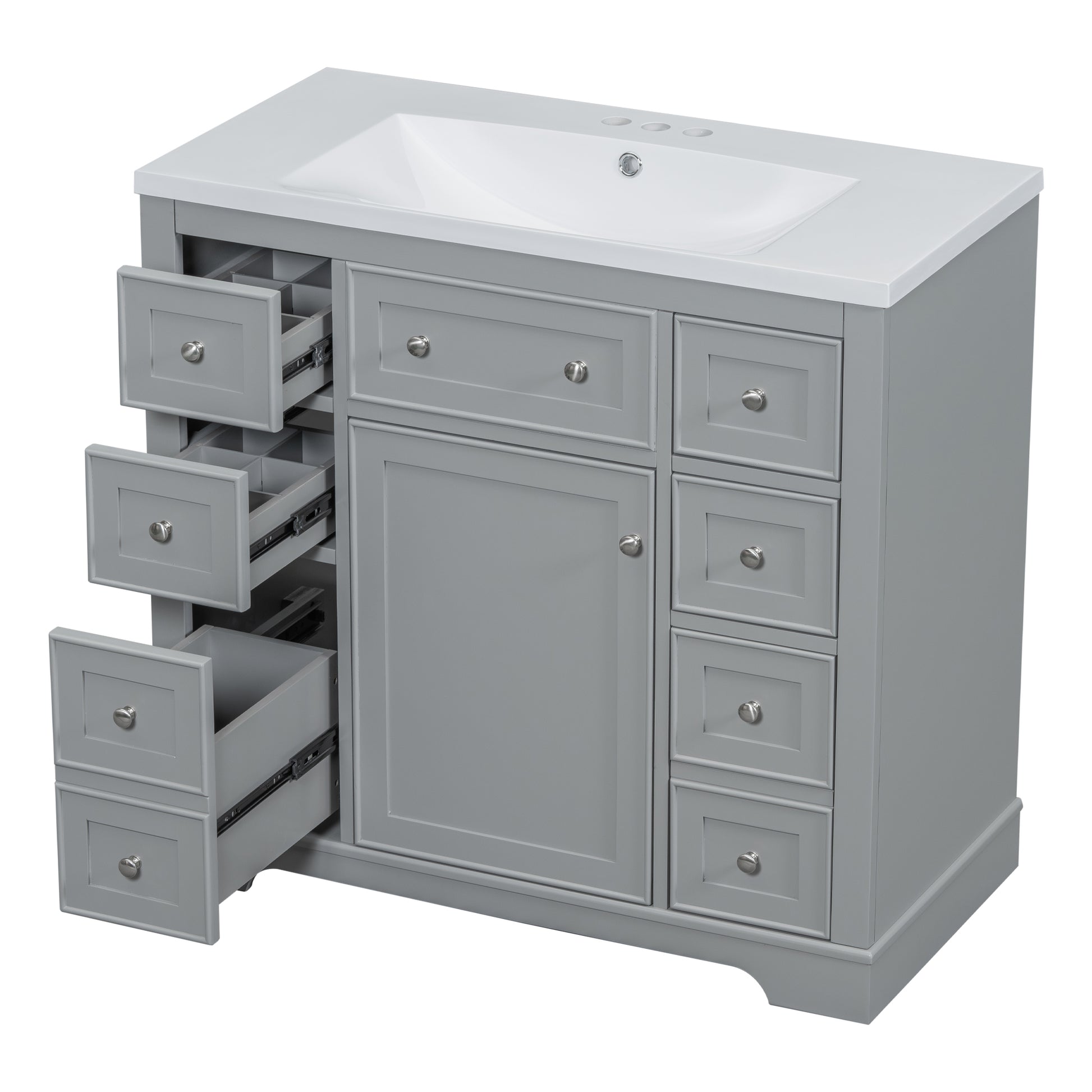 36" Bathroom Vanity With Sink Combo, One Cabinet And Six Drawers, Solid Wood And Mdf Board, Grey Grey Solid Wood Mdf