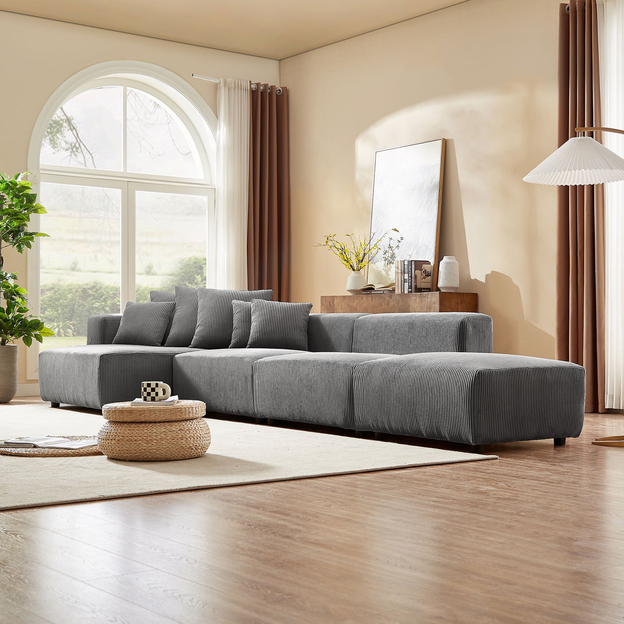 Soft Corduroy Sectional Modular Sofa 4 Piece Set, Small L Shaped Chais