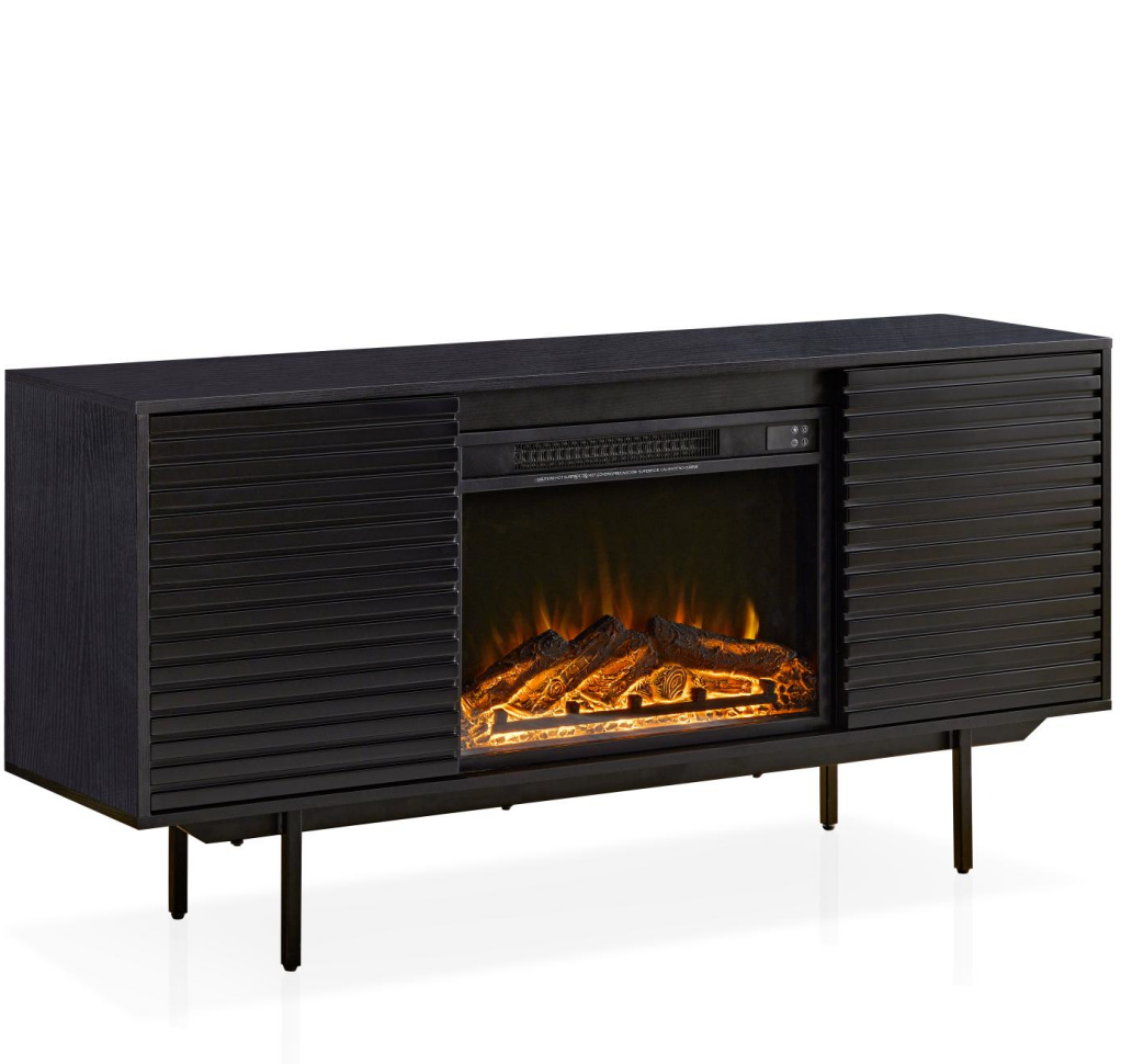 W9986B The Whole Cabinet Is Made Of Black Oak Board, The Middle Layer Board On Both Sides Of The Cabinet Can Be Adjusted, The Furnace Is Embedded In The Middle Grid With The Remote Control Black Metal & Wood