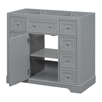 36" Bathroom Vanity Without Sink, Cabinet Base Only, One Cabinet And Six Drawers, Grey Grey Solid Wood Mdf