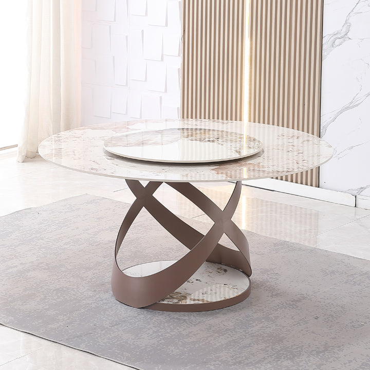 59.05"Modern Sintered Stone Dining Table With 31.5" Round Turntable And Metal Exquisite Pedestal With 6Pcs Chairs . Black Brown Sintered Stone