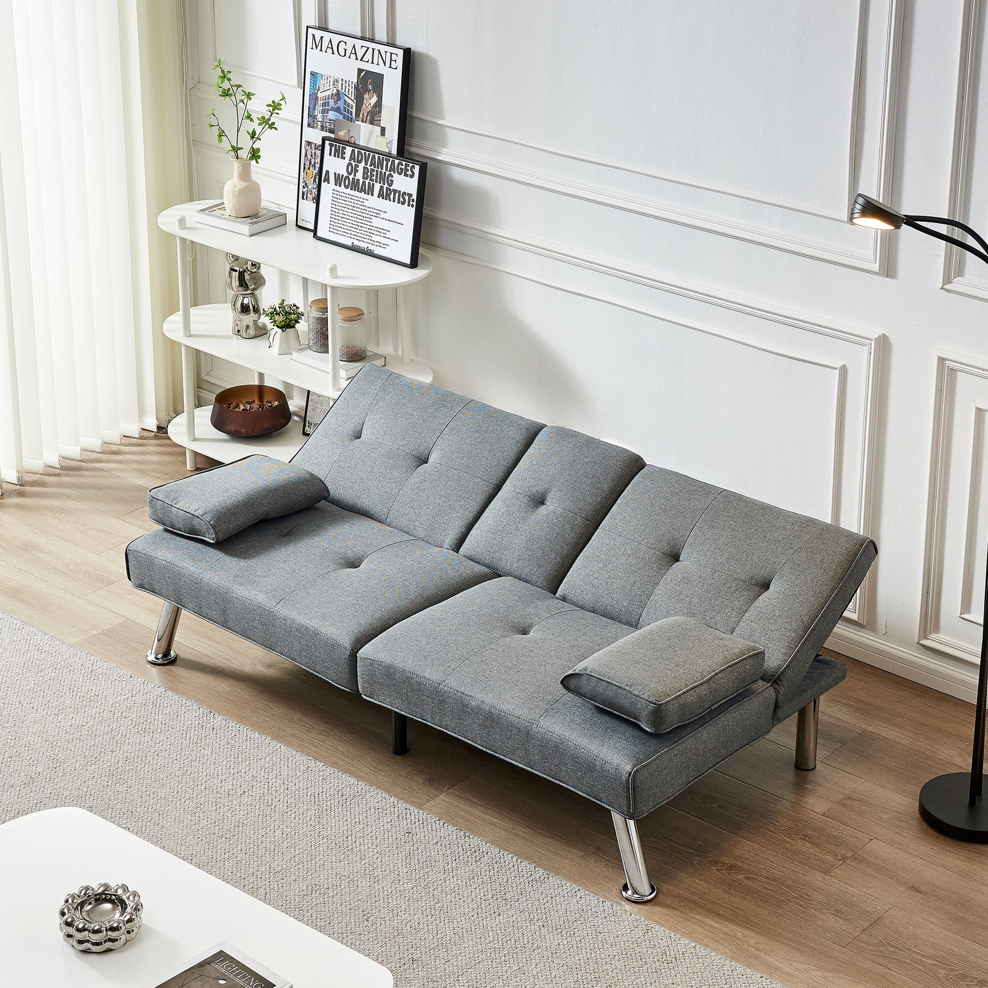 Linen Fabric Modern Sofa Bed Futon Couch Bed Folding Recliner Sleeper Reversible Loveseat Convertible Daybed, 2 Cup Holders, 3 Angles, Removable Armrests, Gray Grey Linen